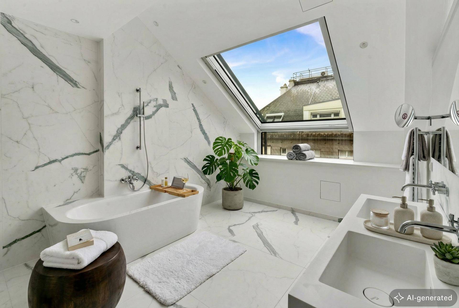 Modernes Badezimmer mit Marmorfliesen, freistehender Badewanne und großem Dachfenster.