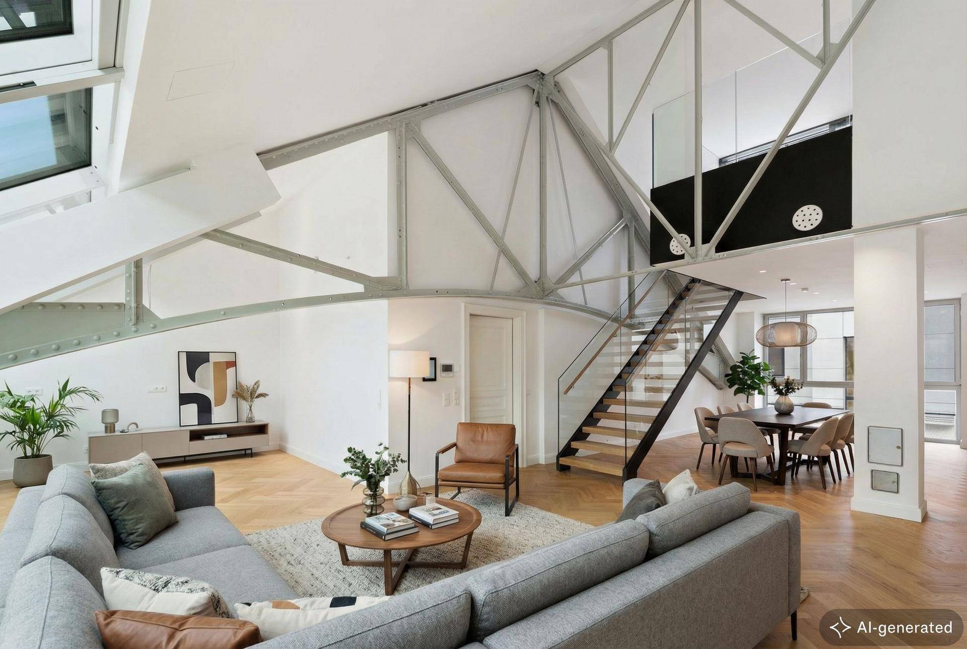 Großzügiger Wohn- und Essbereich mit hohen Decken, Holzboden und moderner Treppe.