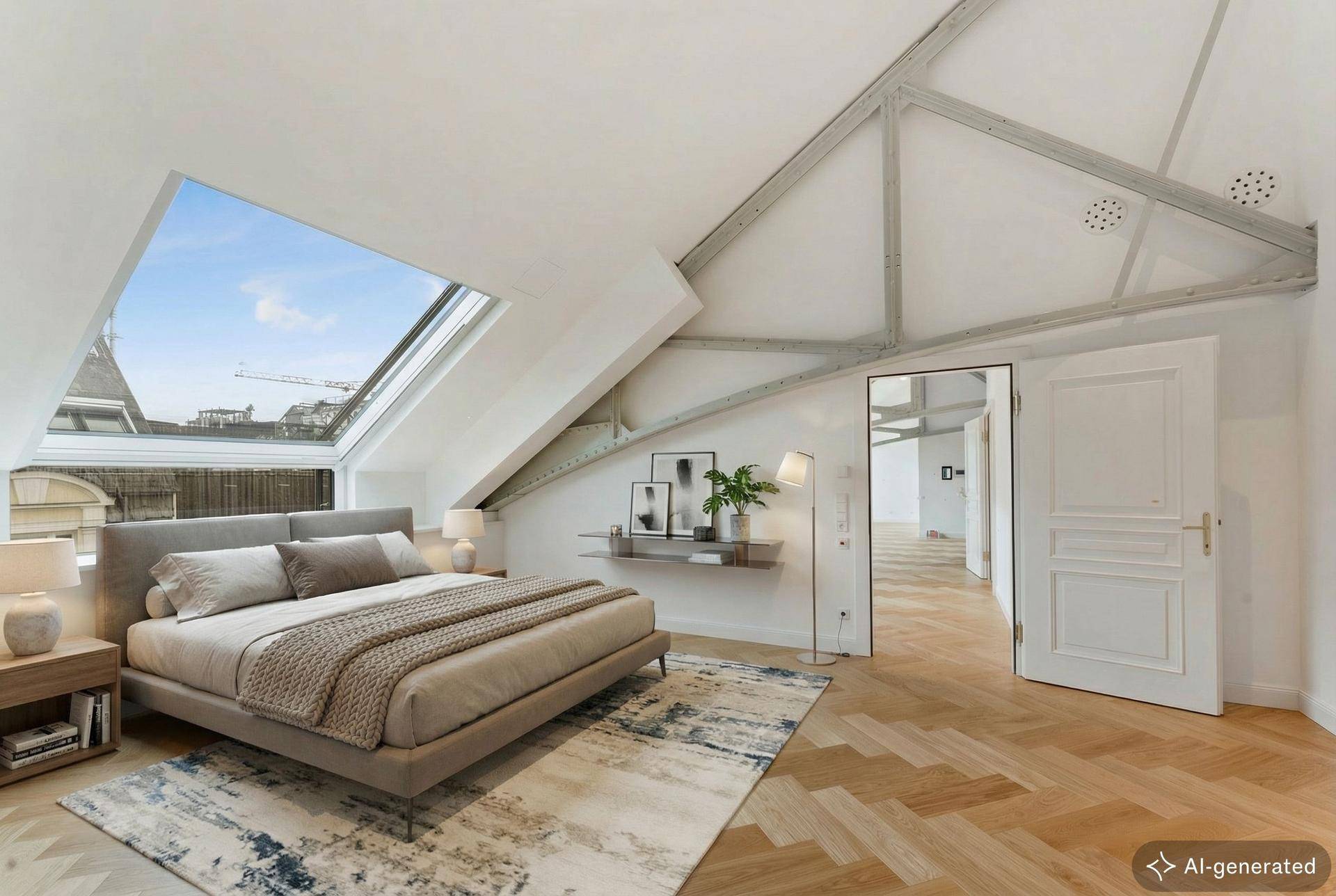 Helles Schlafzimmer im Dachgeschoss mit großem Dachfenster und Holzboden.