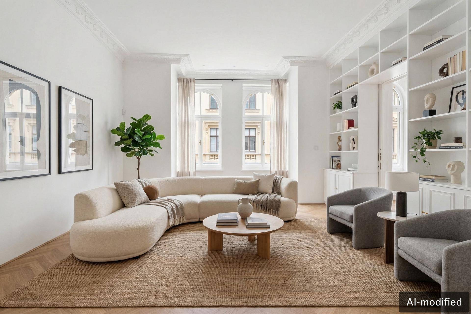 Elegantes Wohnzimmer mit geschwungenem Sofa, Teppich und integrierten Bücherregalen.