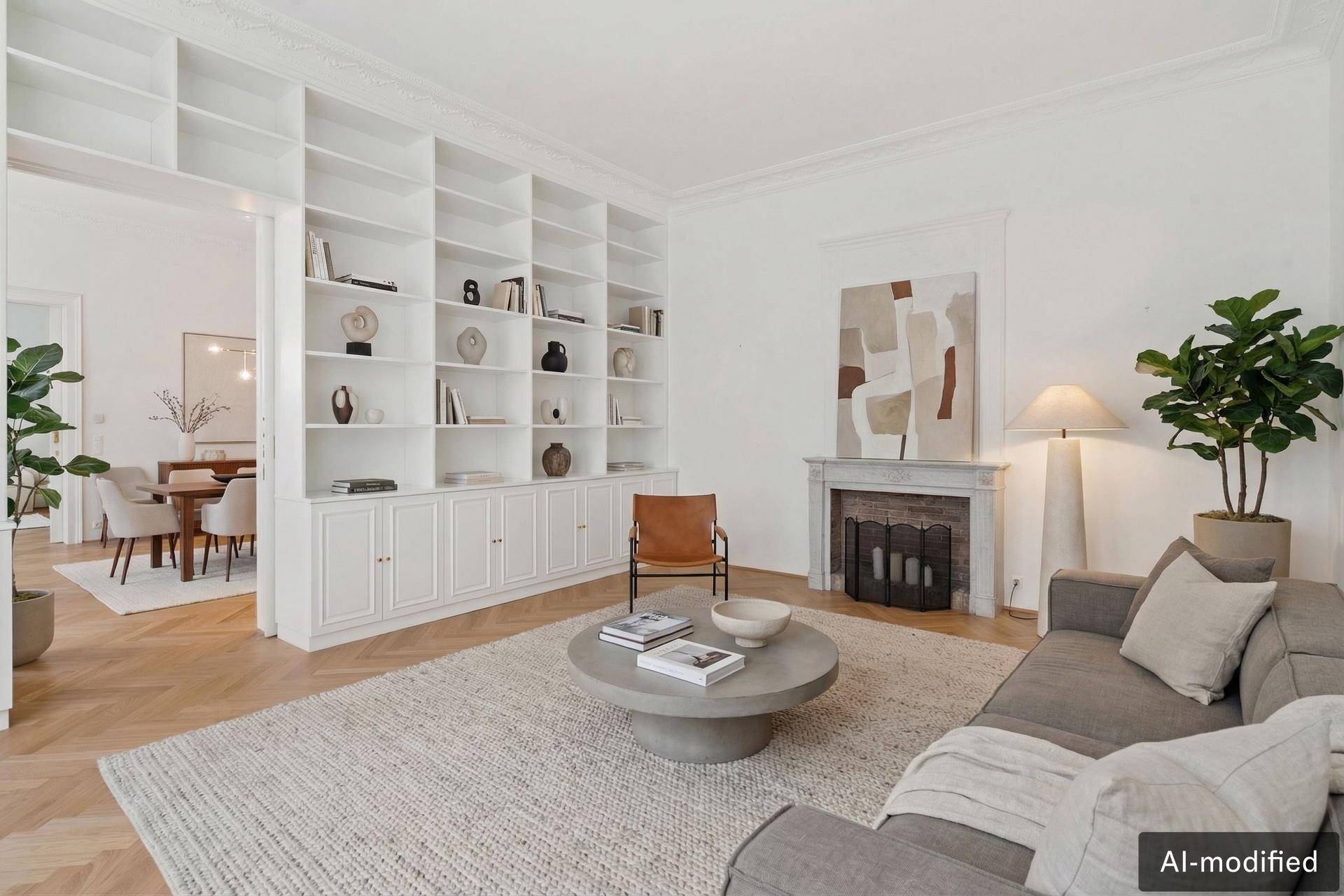 Gemütliches Wohnzimmer mit Kamin, Bücherregalen und Blick auf den Essbereich.