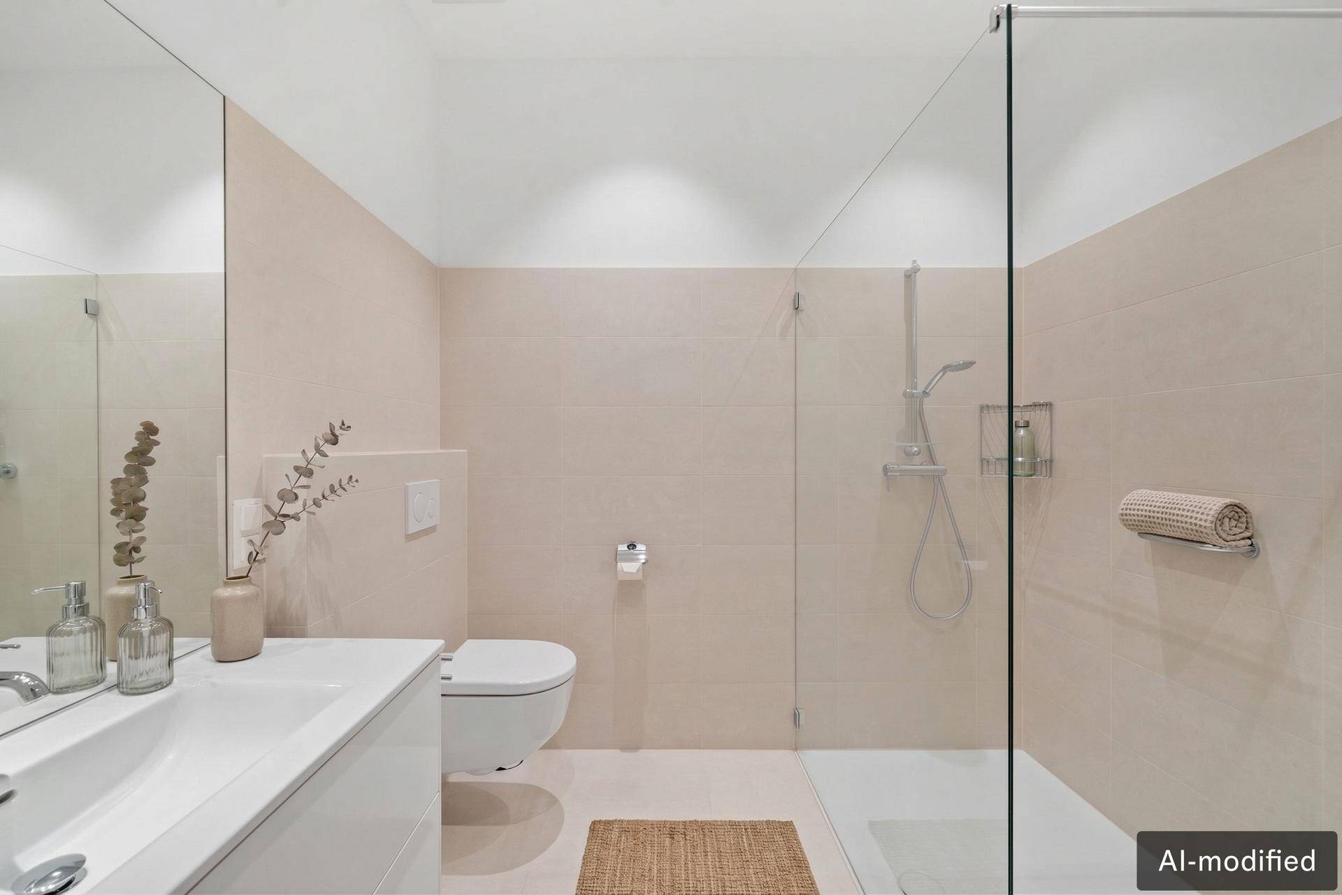Modernes Badezimmer mit begehbarer Dusche, wandhängendem WC und Einzelwaschbecken.