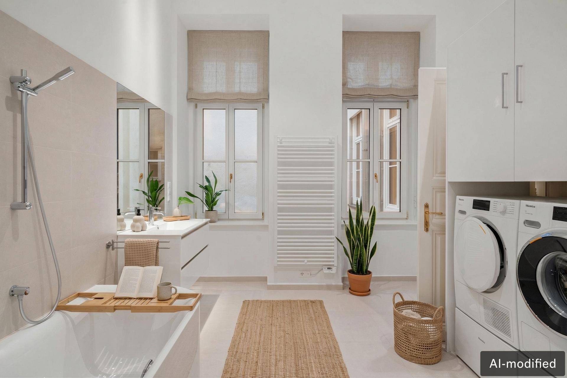 Helles Badezimmer mit Badewanne, Waschbecken und Waschmaschine/Trockner.