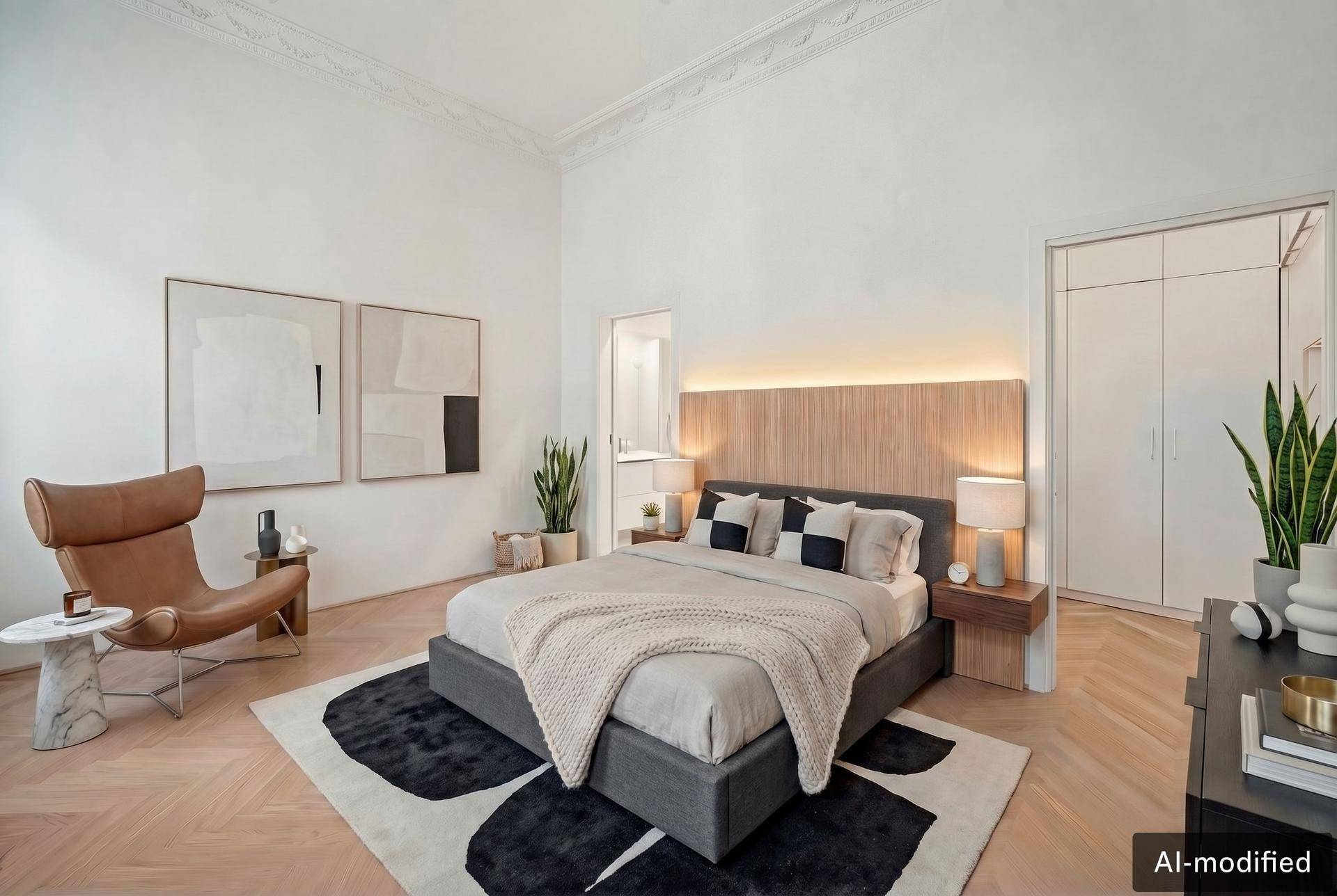 Modernes Schlafzimmer mit großem Bett, Holzkopfteil und Einbauschränken.