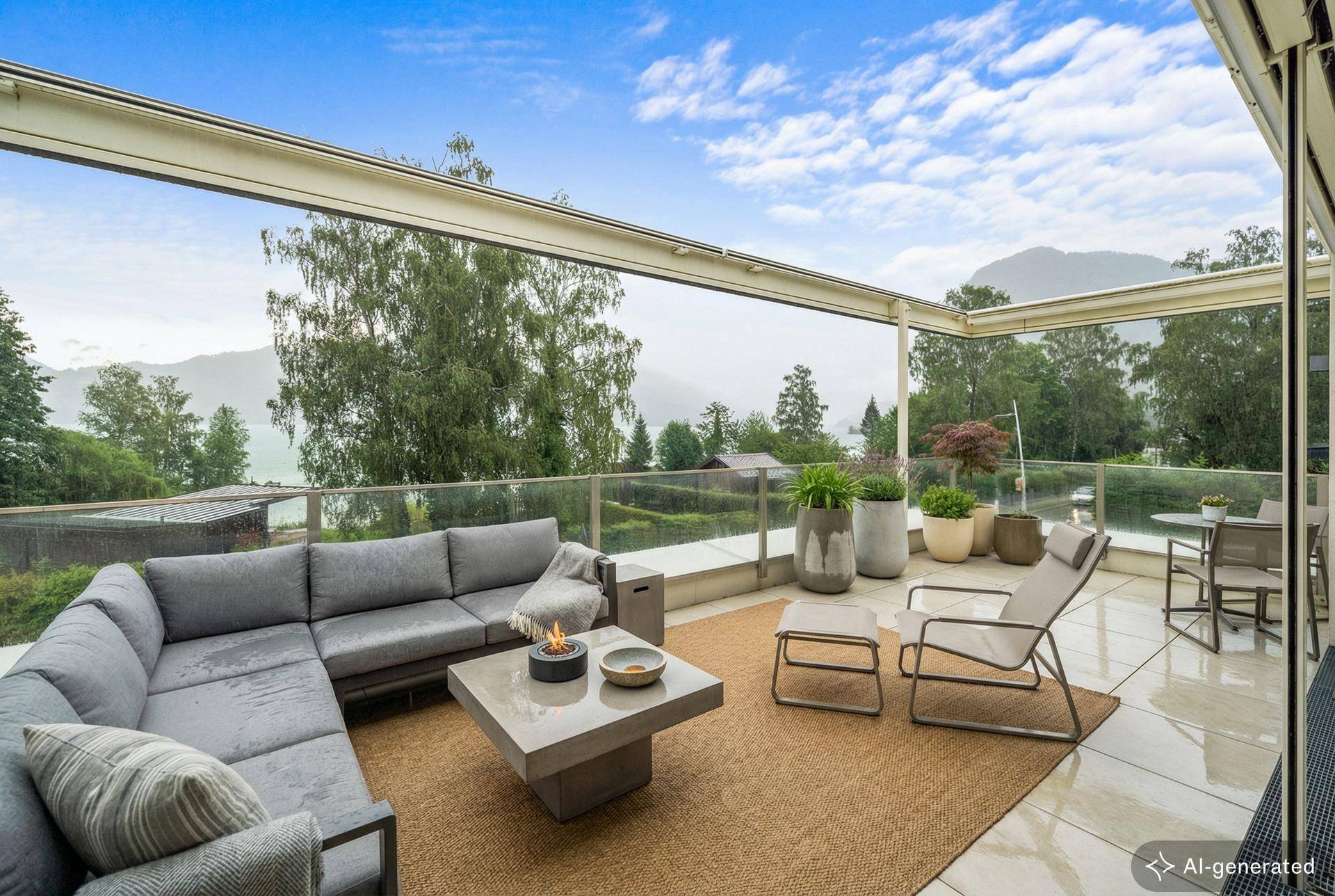 Große Dachterrasse mit bequemen Lounge-Möbeln und weitem Blick auf den See und die Berge.