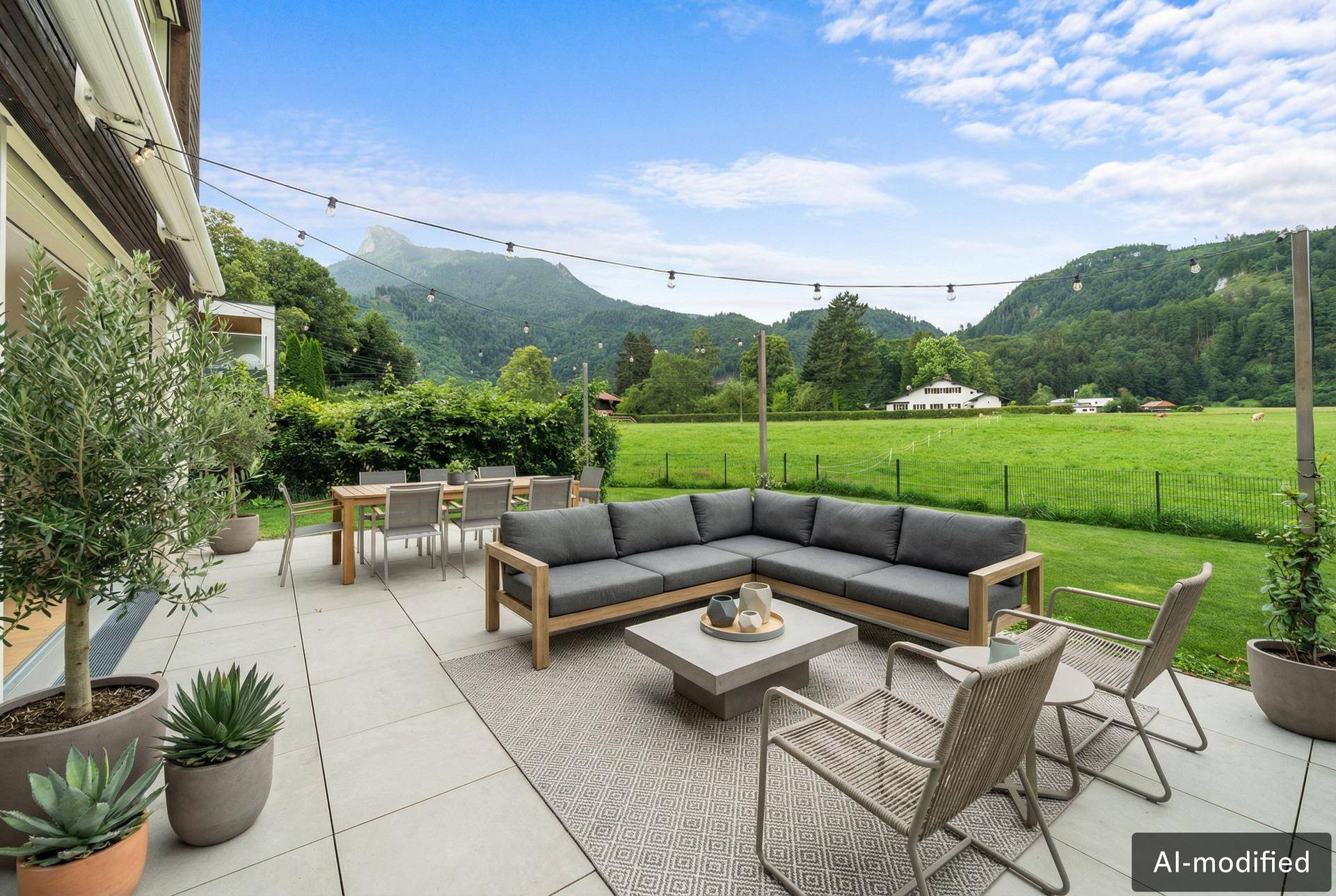 Geräumige Terrasse mit Lounge-Möbeln und Esstisch, umgeben von Bergen und grünen Wiesen.