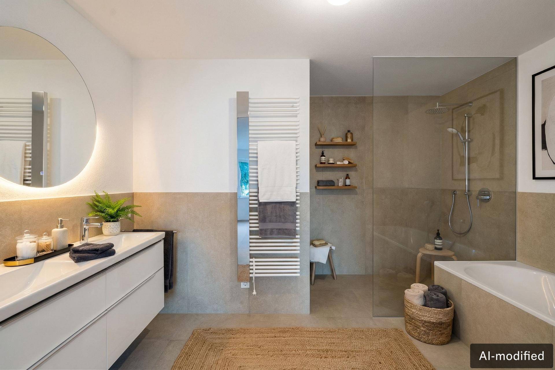Modernes Badezimmer mit begehbarer Dusche, Badewanne und beheiztem Handtuchhalter.