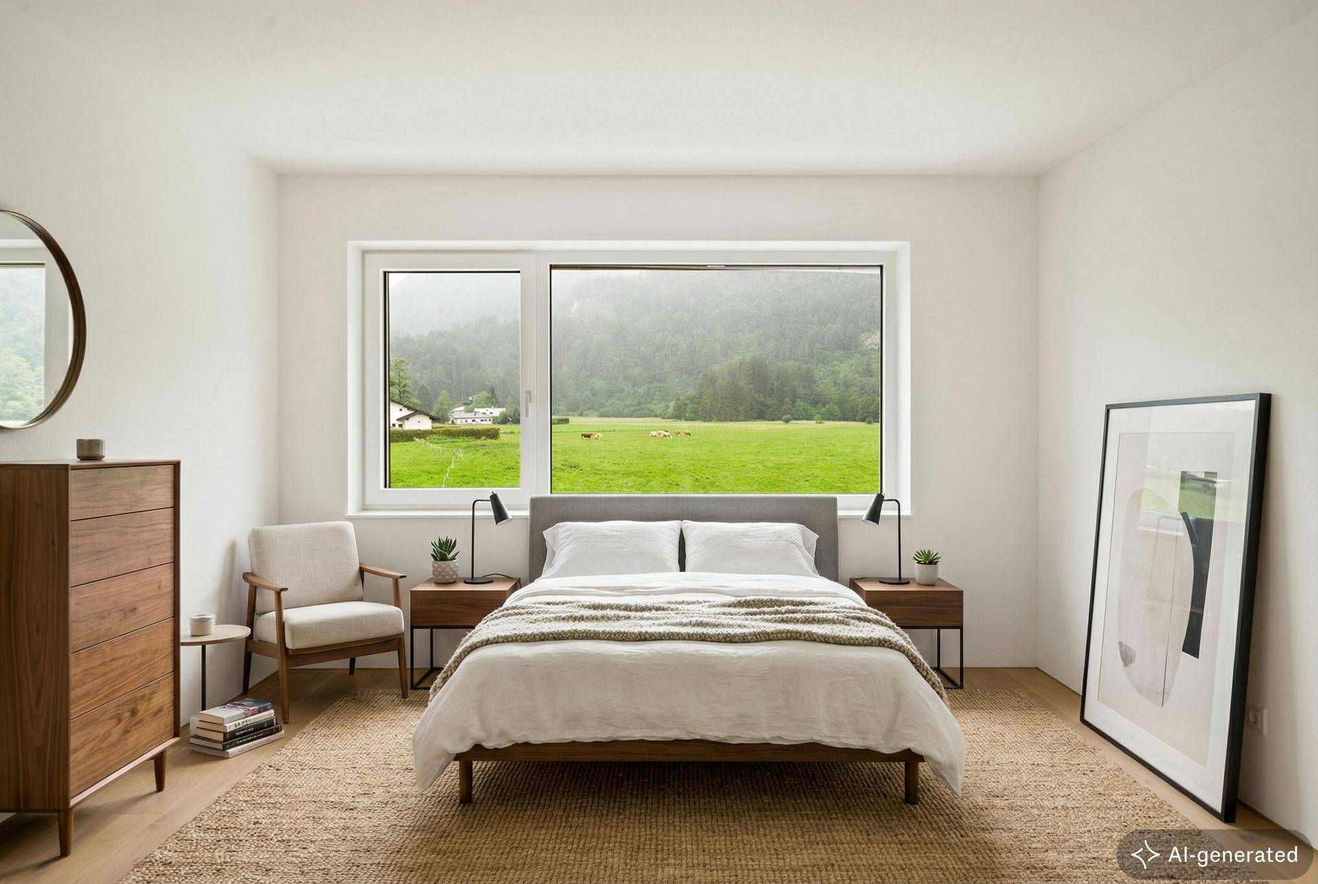 Ruhiges Schlafzimmer mit großem Fenster, Blick ins Grüne und minimalistischer Einrichtung.