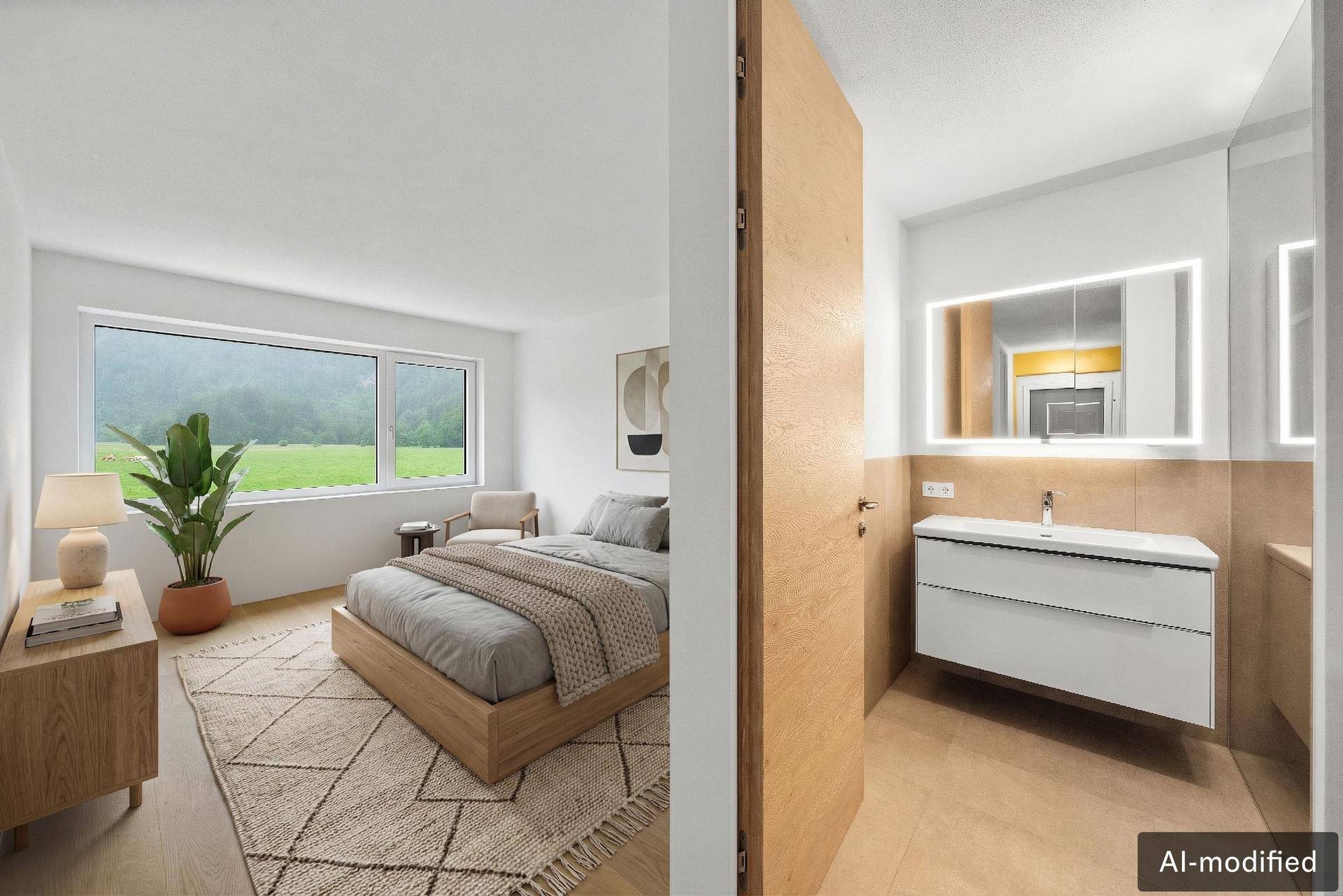 Schlafzimmer mit Blick ins Grüne und angrenzendem Badezimmer mit modernem Waschtisch.