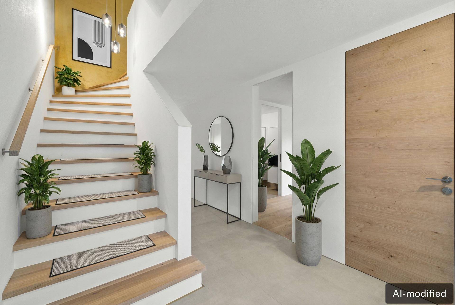 Heller Eingangsbereich mit Treppe, Holztüren und modernen Dekorationselementen.