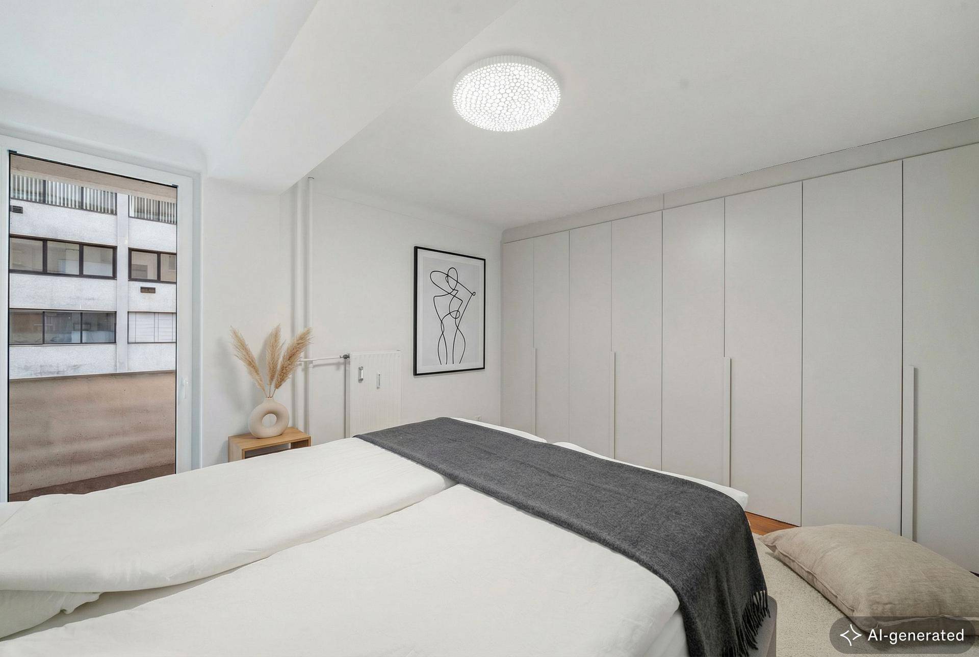 Schlafzimmer mit großen Einbauschränken und Zugang zu einem Außenbereich, minimalistisch eingerichtet.