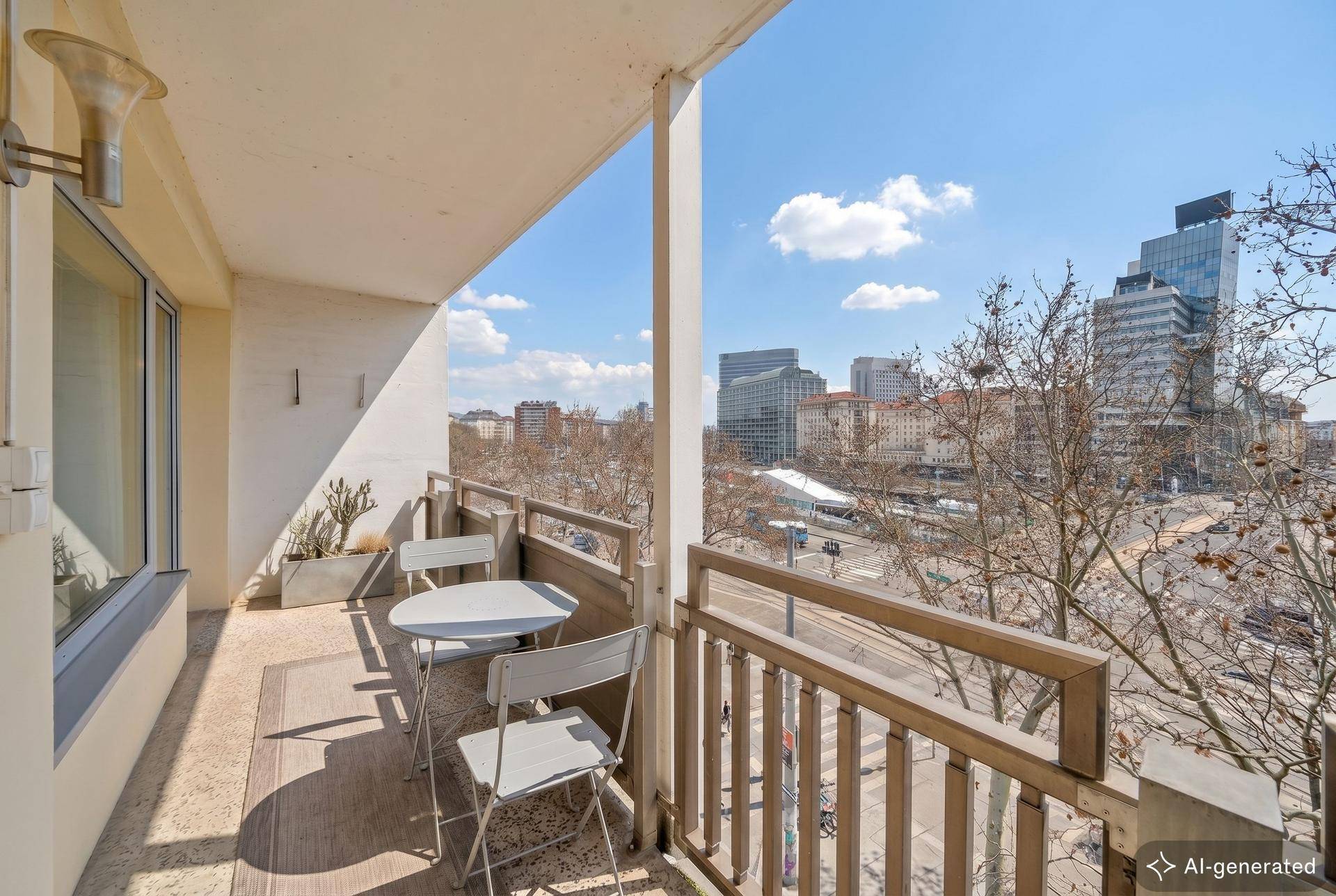 Kleiner Balkon mit Bistrotisch und Stühlen, bietet einen weiten Blick über die Stadt.