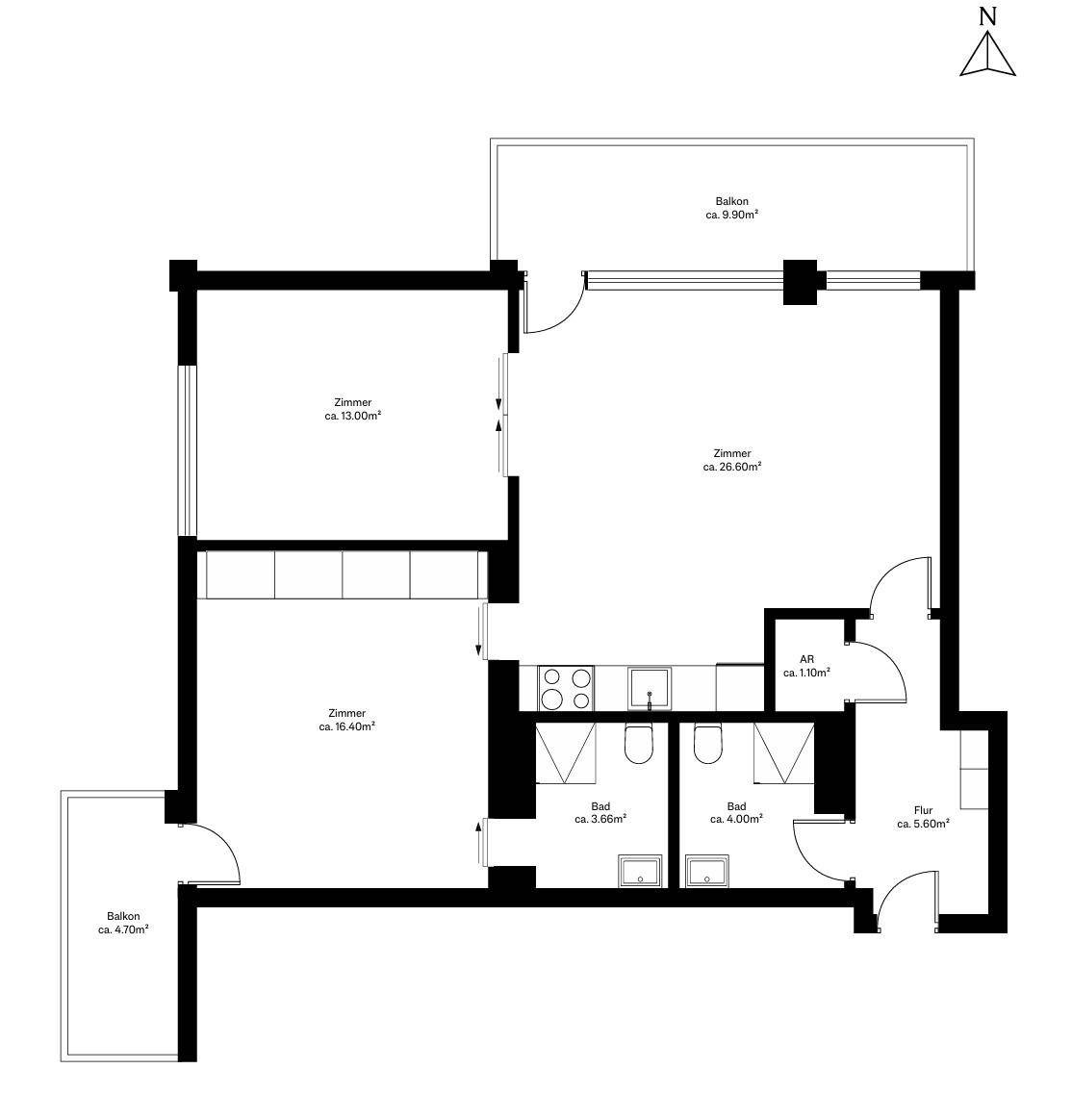 Grundriss der Wohnung mit drei Zimmern, zwei Bädern und zwei Balkonen.