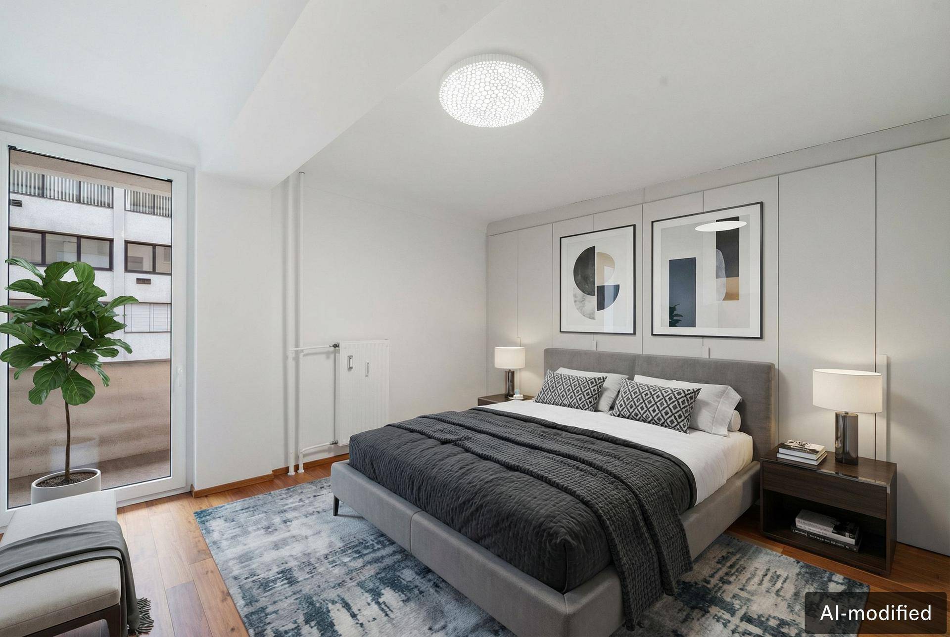 Gemütliches Schlafzimmer mit Doppelbett, Nachttischen und Zugang zu einem Balkon.