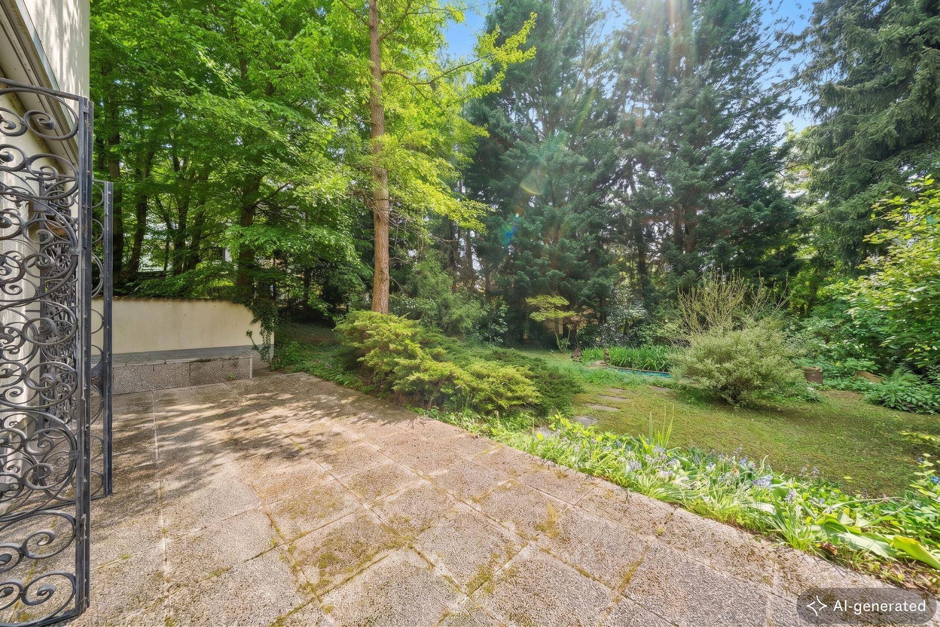 Gepflasterte Steinterrasse mit schmiedeeisernem Tor und direktem Zugang zu einem grünen Gartenbereich.