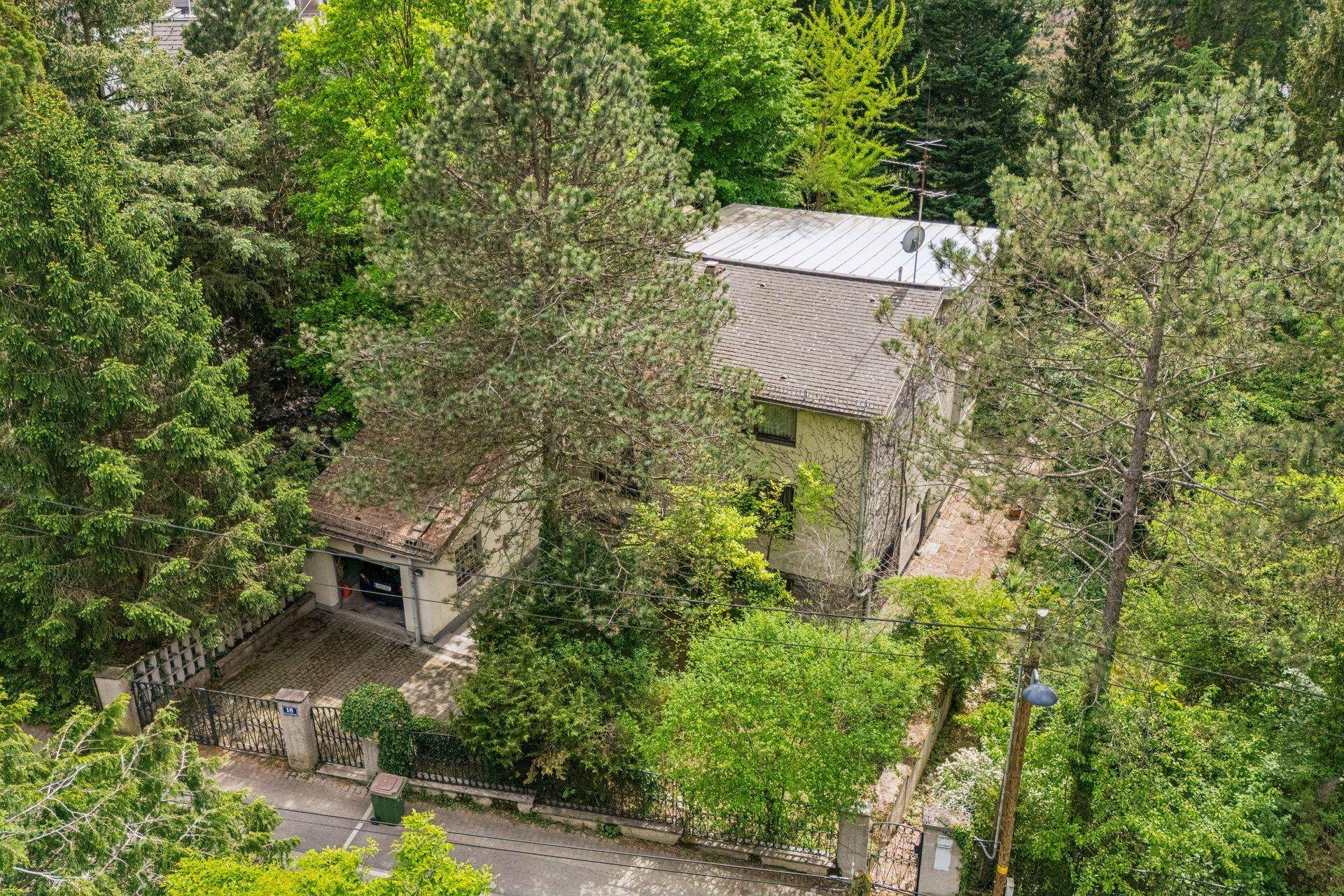Luftaufnahme eines Anwesens mit Haus, Garage und üppiger, grüner Bepflanzung in einer ruhigen Gegend.