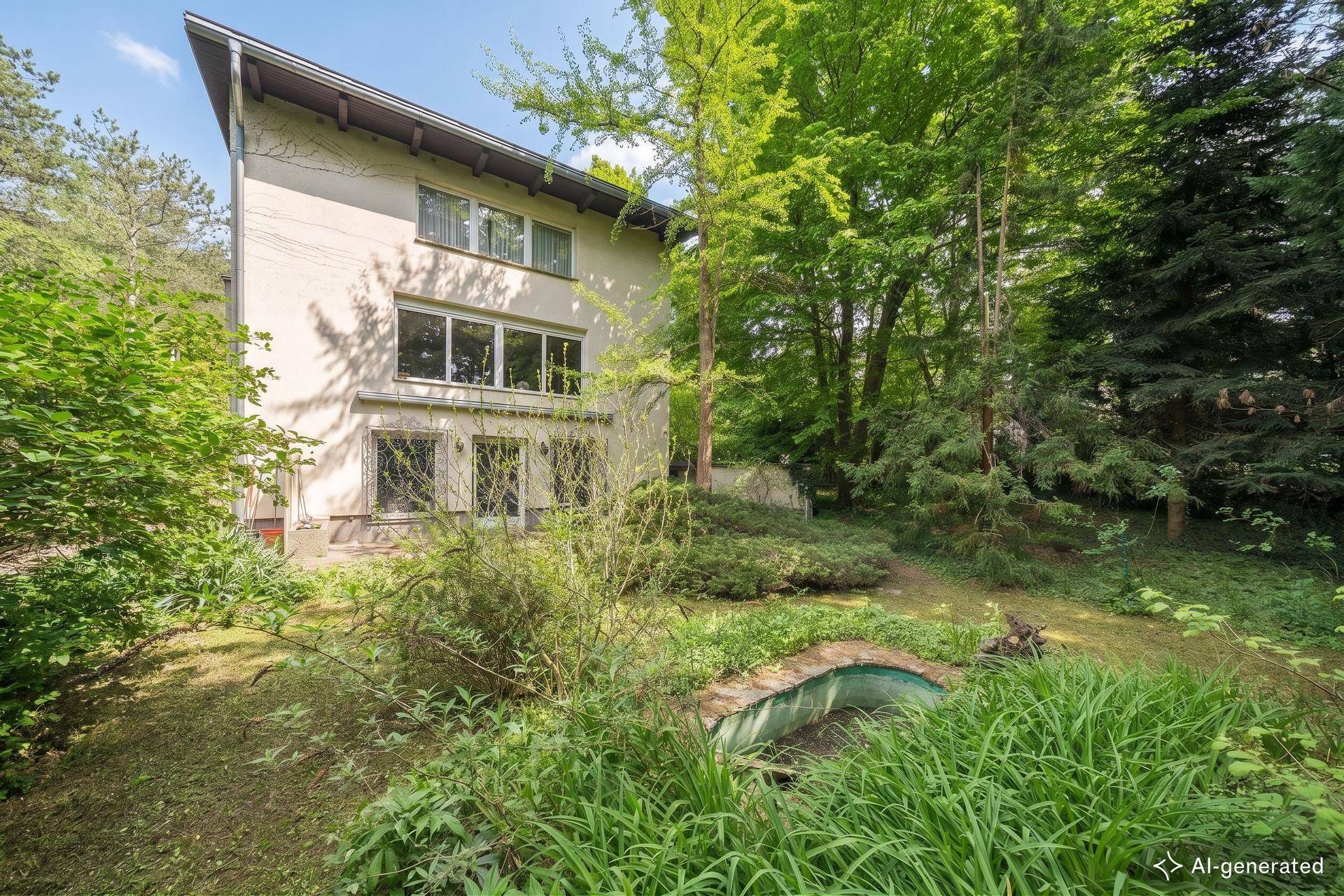 Die Fassade eines Hauses mit großen Fenstern, umgeben von einem naturbelassenen Garten mit viel Grün.