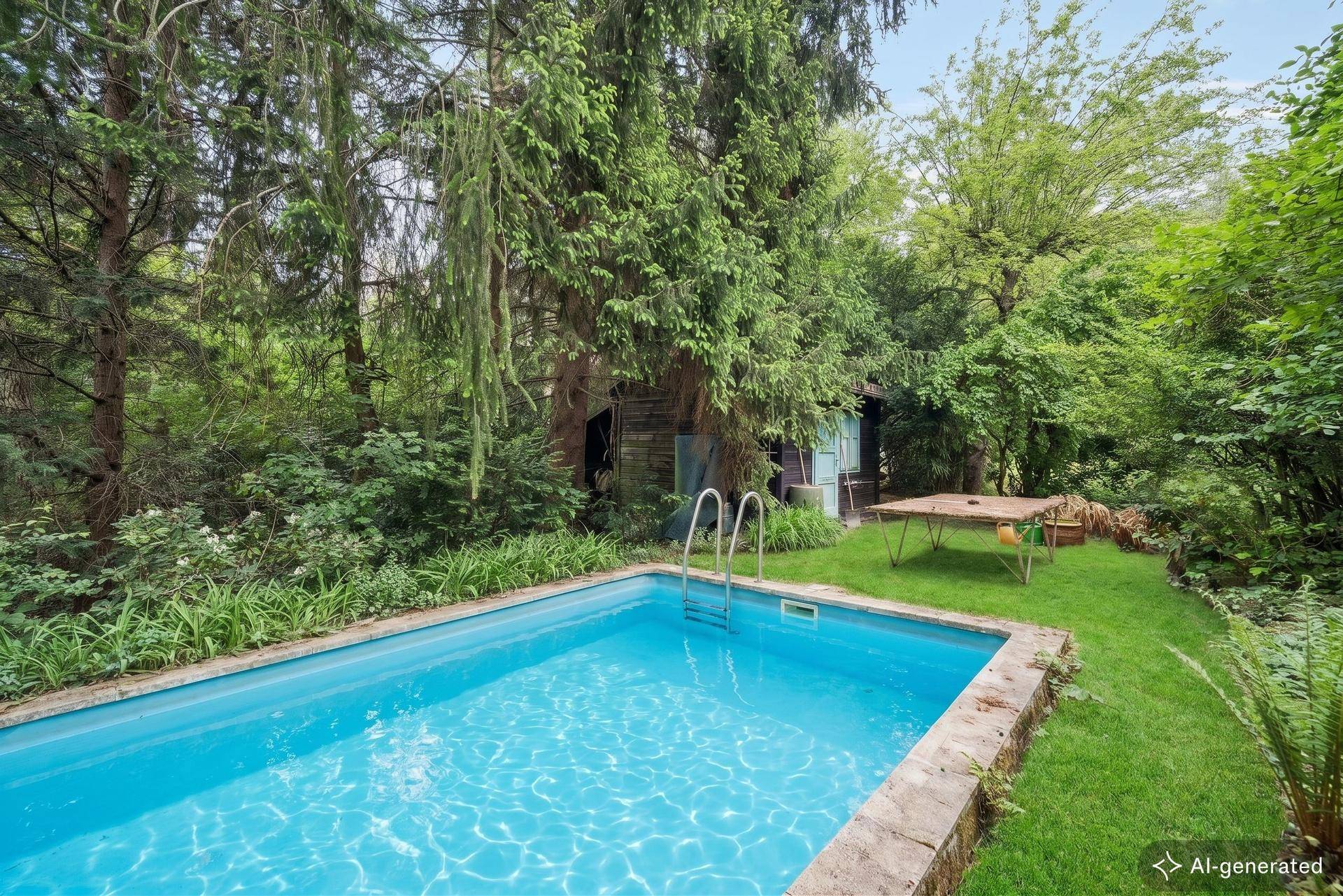 Einladender Swimmingpool im Garten, umgeben von üppiger Vegetation und hohen Bäumen.