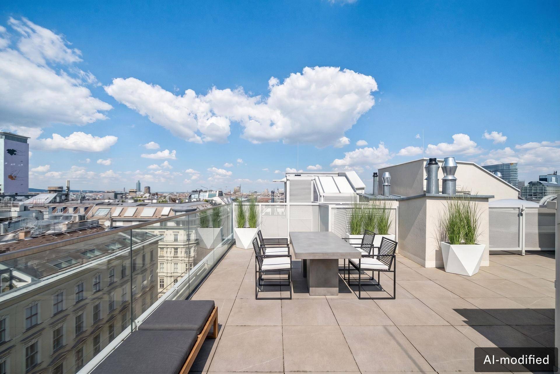 Weitläufige Dachterrasse mit Esstisch, Pflanzen und Panoramablick über die Stadt.