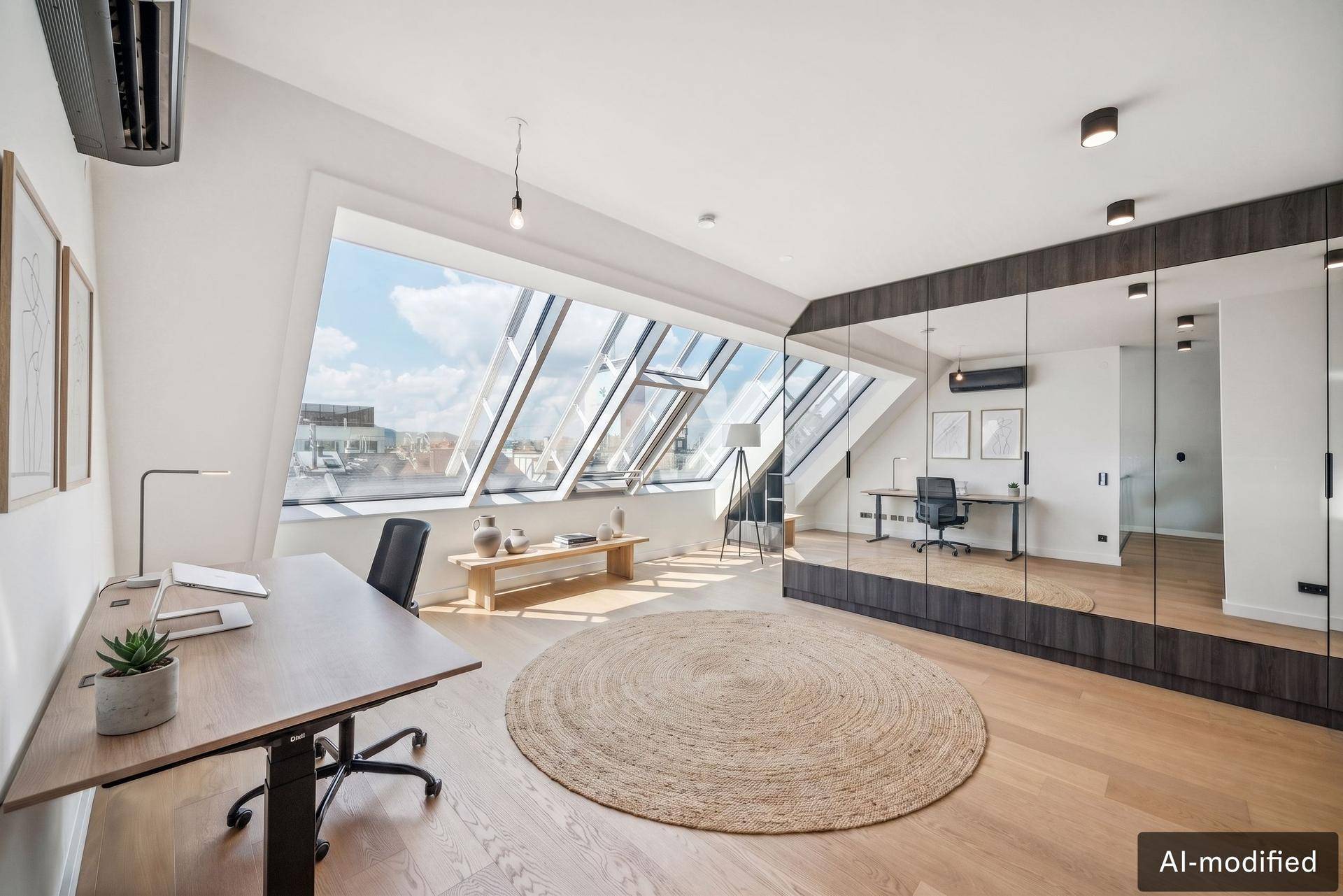 Helles Arbeitszimmer mit großen Dachfenstern, Holzboden und integrierten Spiegelschränken.