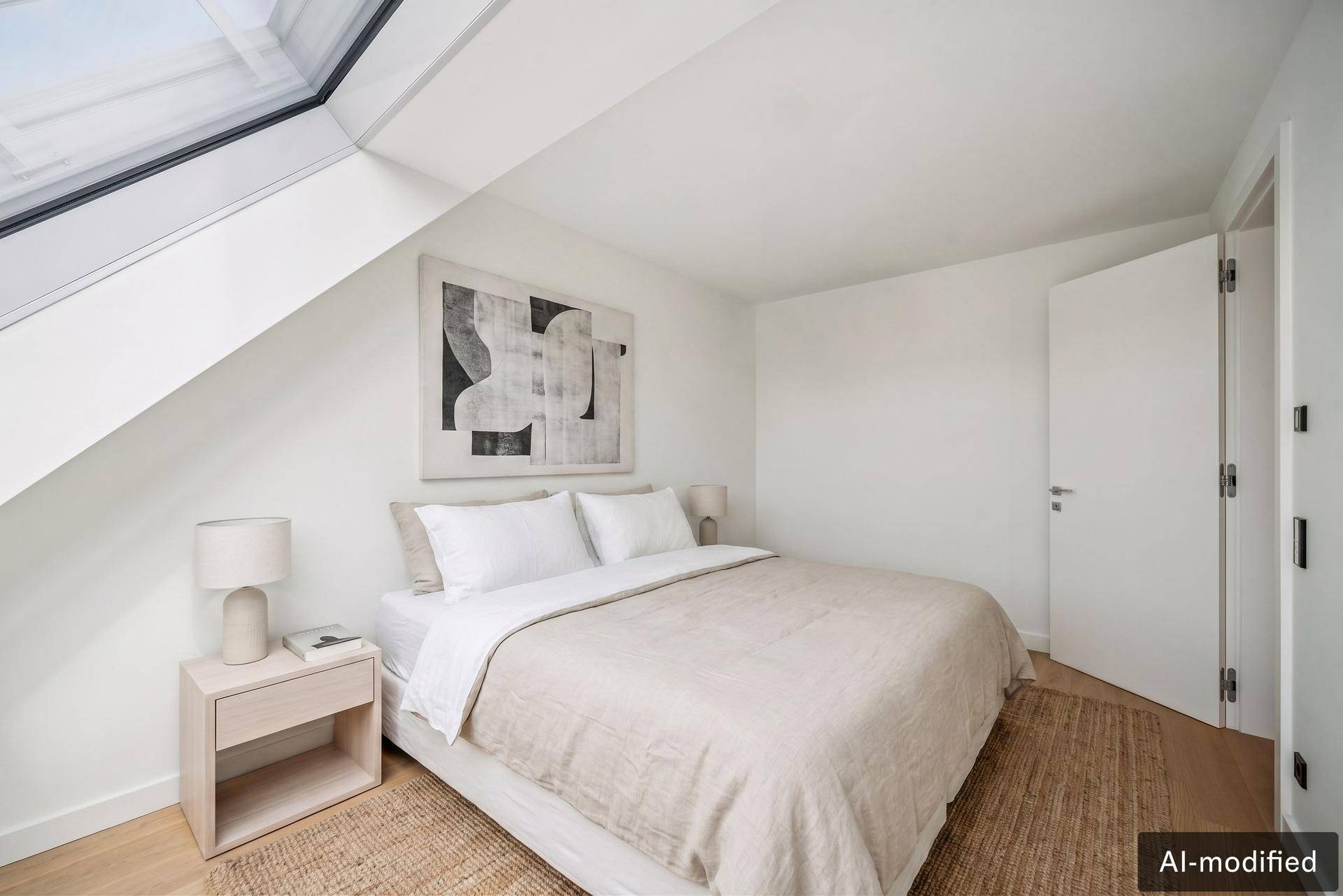 Gemütliches Schlafzimmer mit Dachfenster, Holzboden und schrägen Wänden unter dem Dach.