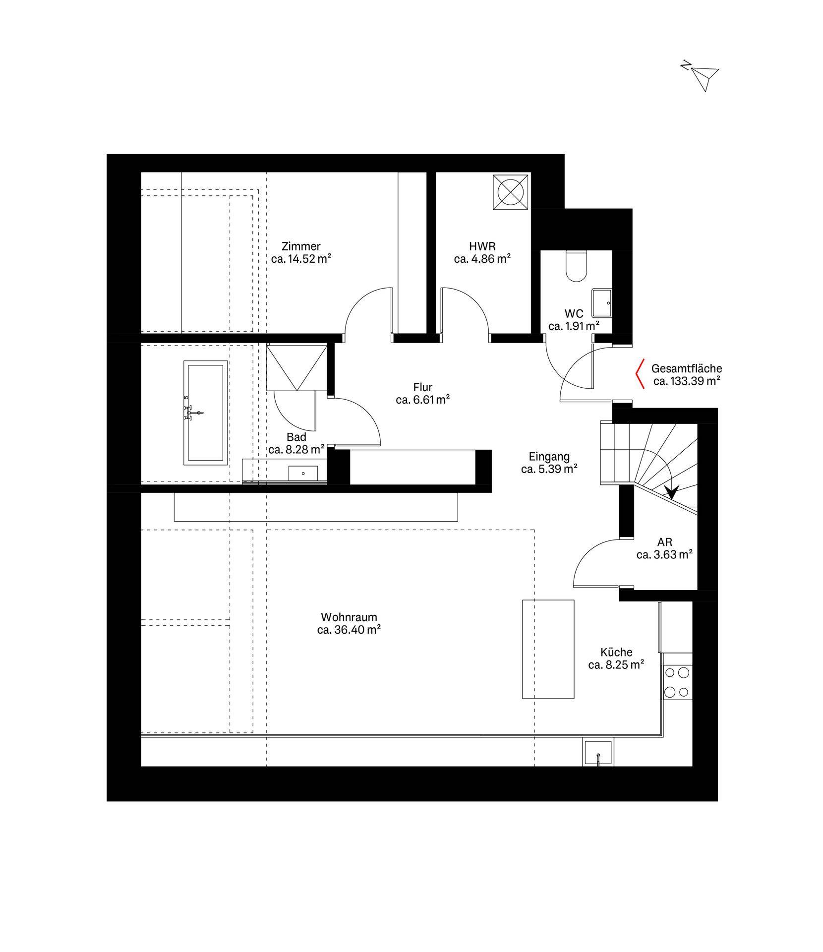 Grundriss der Hauptebene mit Wohnraum, Küche, Schlafzimmer und Badezimmer.