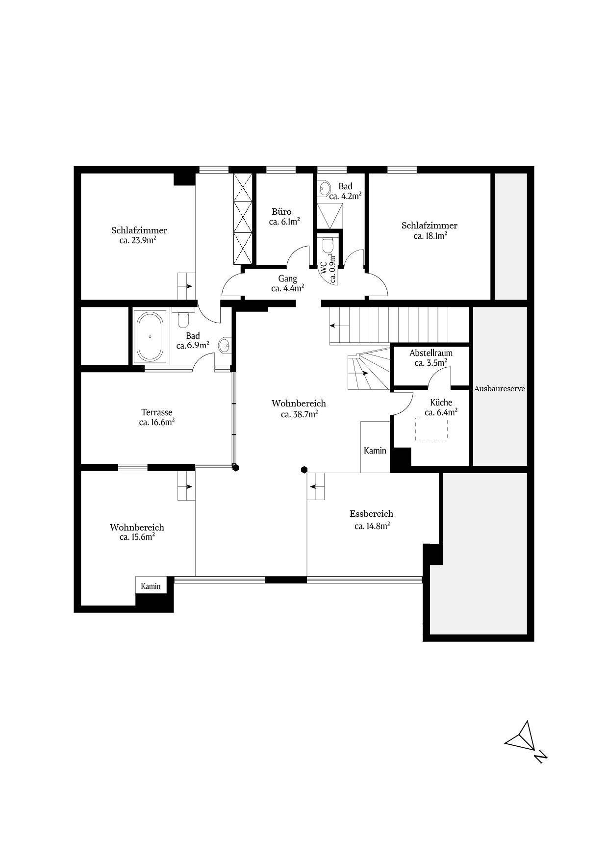 Grundriss des Obergeschosses mit Wohnbereichen, Schlafzimmern, Bädern und Terrasse.