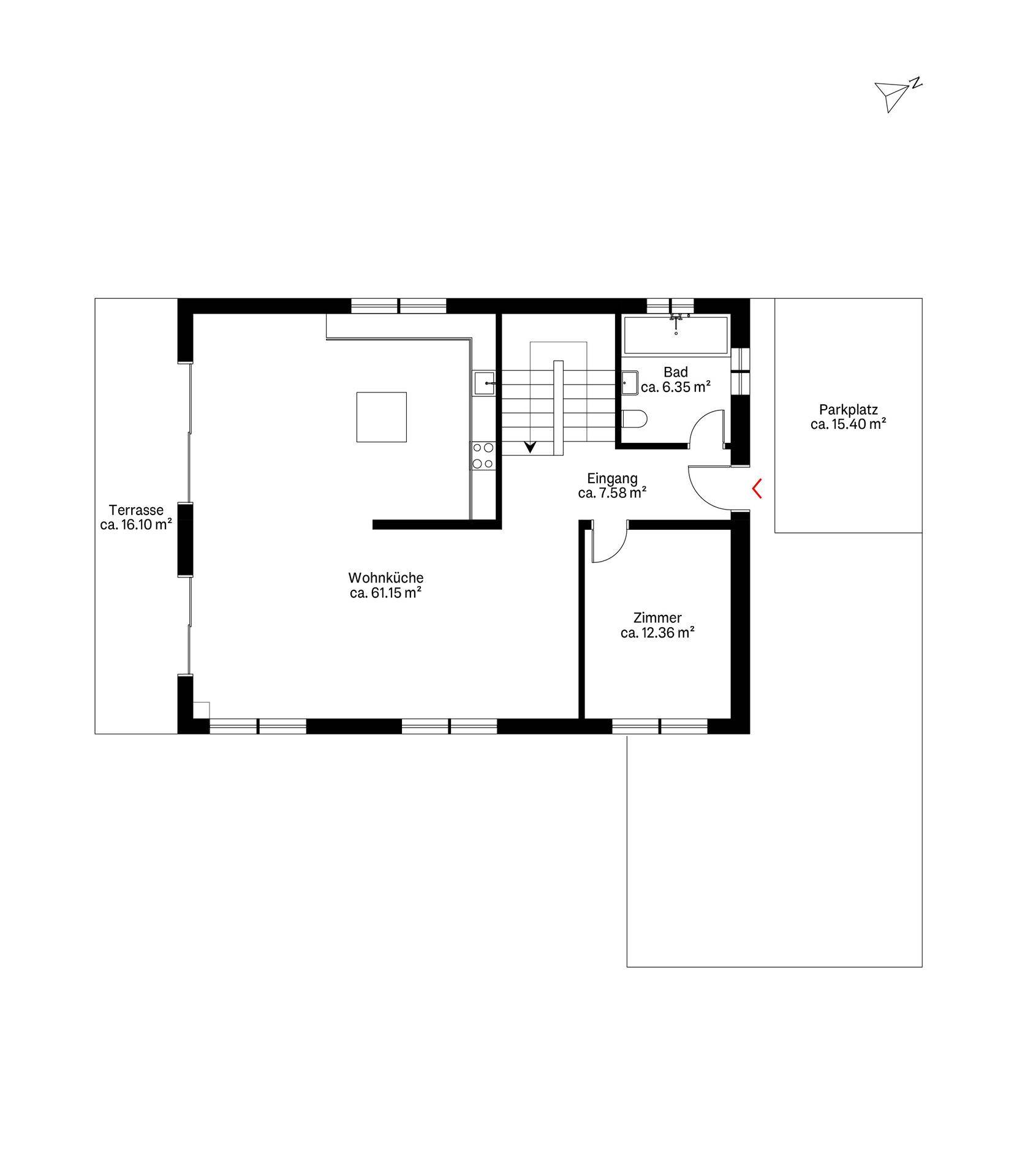 Grundriss des Erdgeschosses mit Wohnküche, Zimmer, Bad und Terrasse.