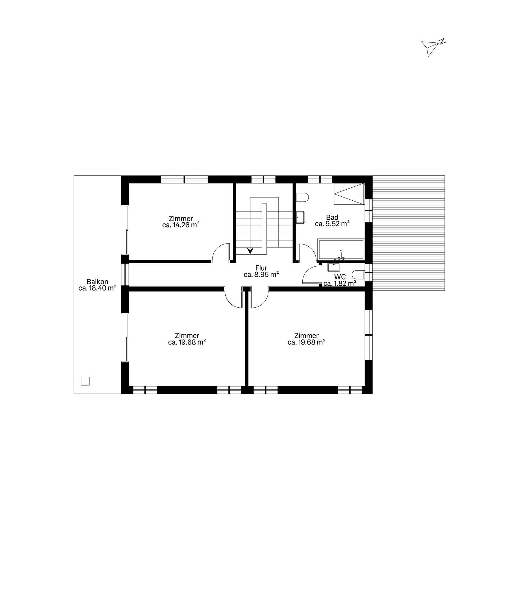 Grundriss des Obergeschosses mit drei Zimmern, Bad, WC und Balkon.