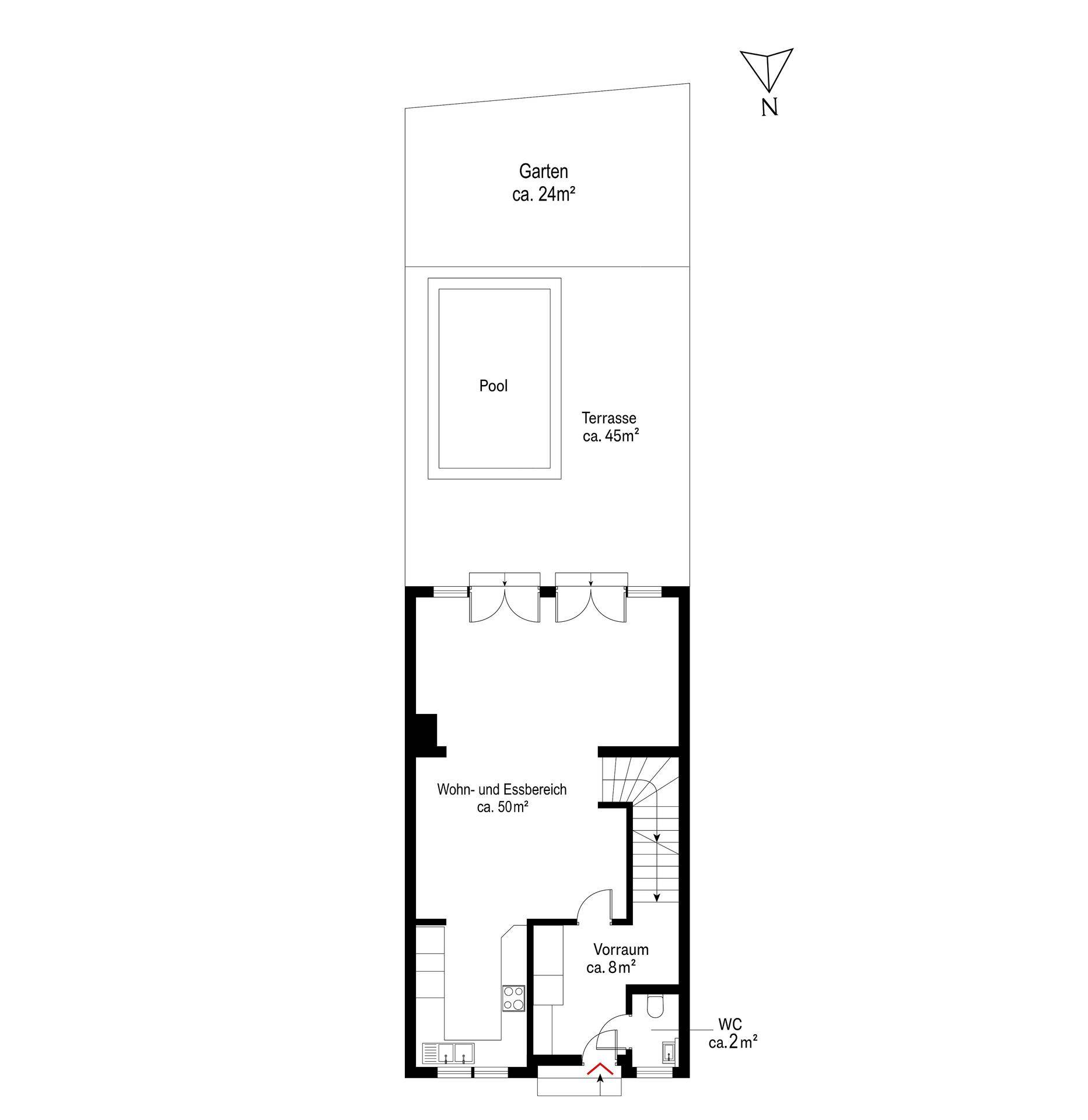 Grundriss des Erdgeschosses mit offenem Wohn-Essbereich, Terrasse, Pool und Garten.