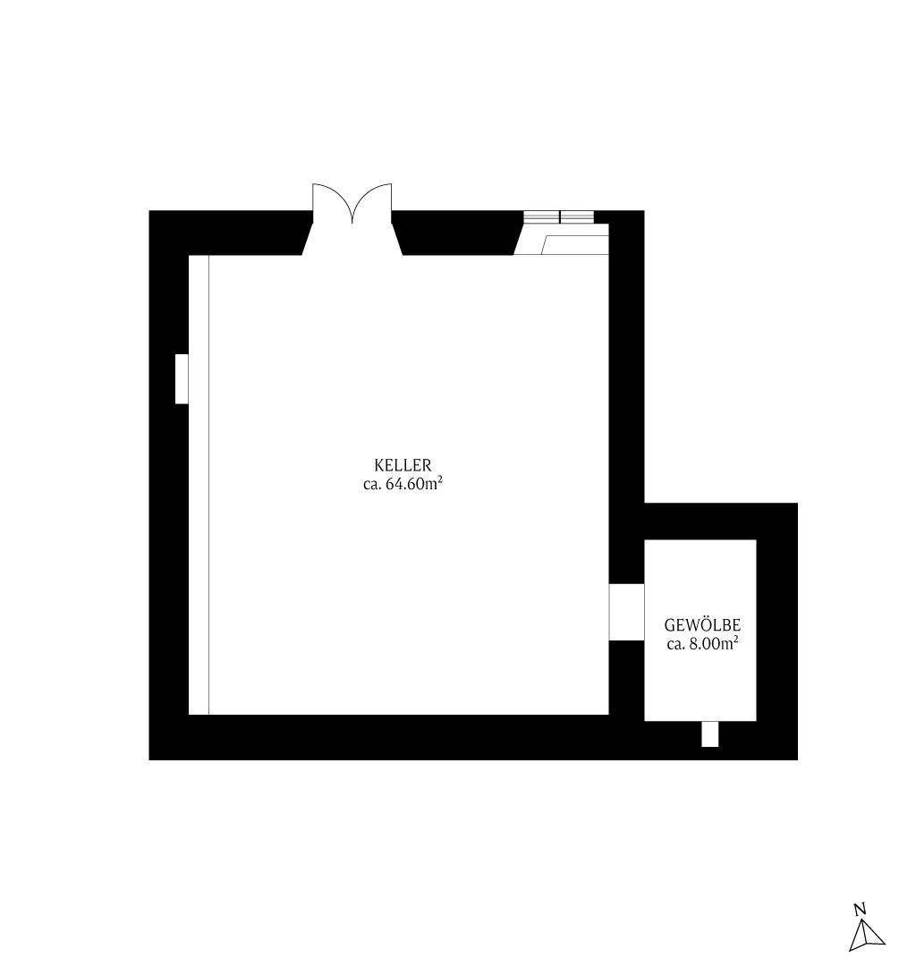 Grundriss des Kellers mit großem Kellerraum und einem zusätzlichen Gewölbebereich.