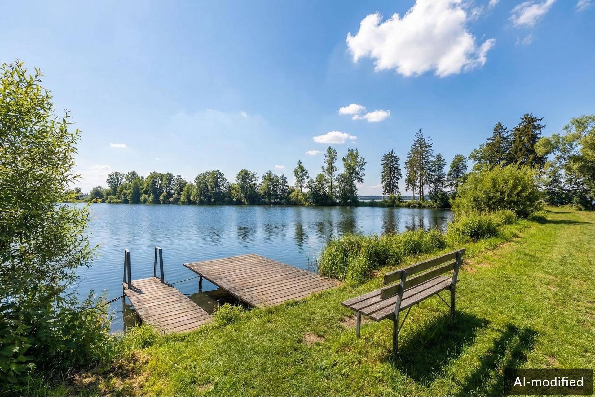 Idyllischer Seezugang mit Holzsteg und Sitzbank in grüner Natur unter blauem Himmel.