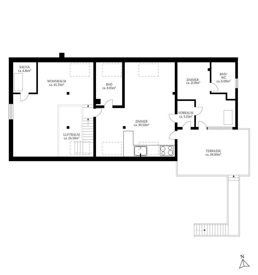 Grundriss des Obergeschosses mit Sauna, Wohnraum, weiteren Zimmern und einer Terrasse.