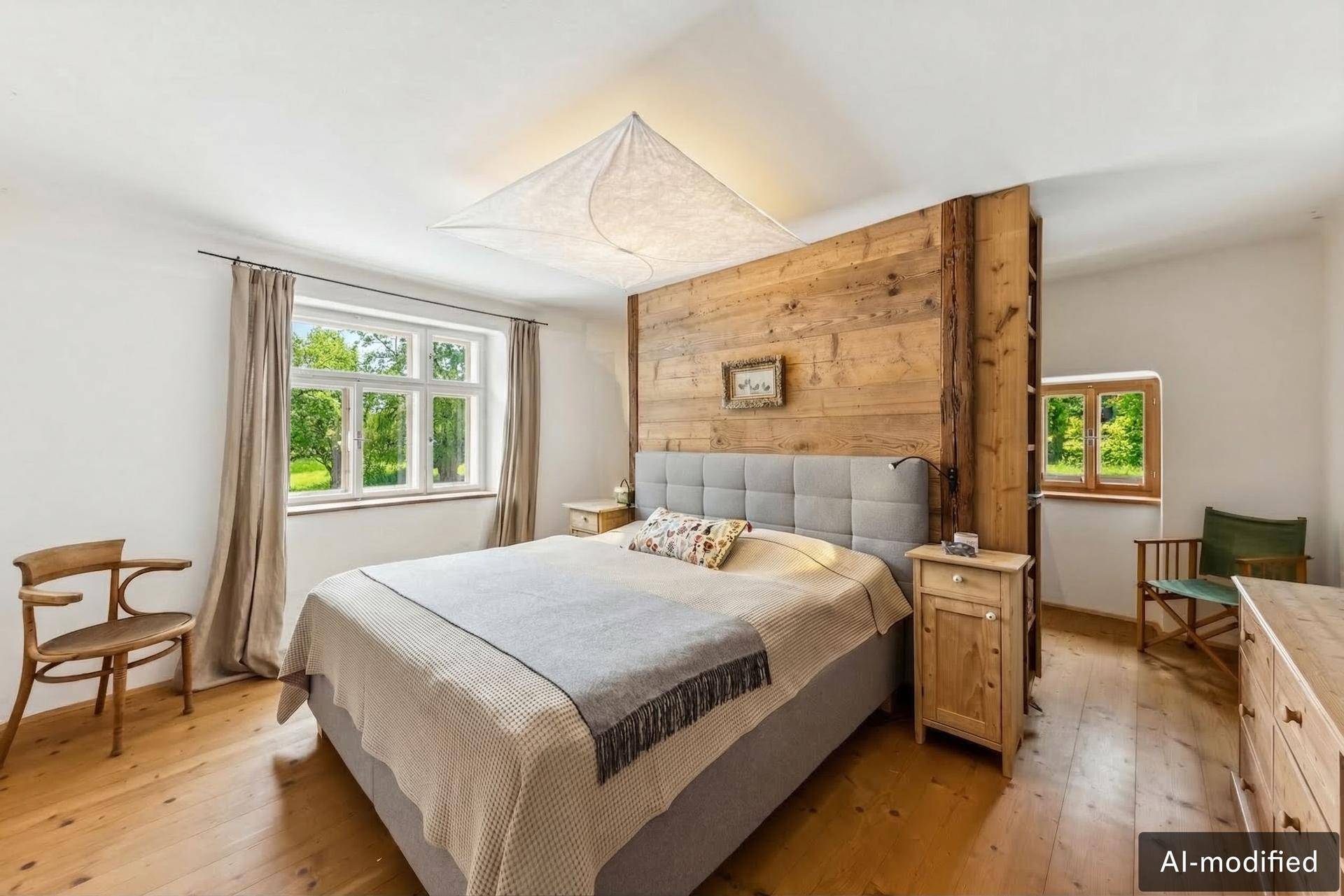 Helles Schlafzimmer mit Holzwand, Doppelbett und Fenstern mit Blick ins Grüne.