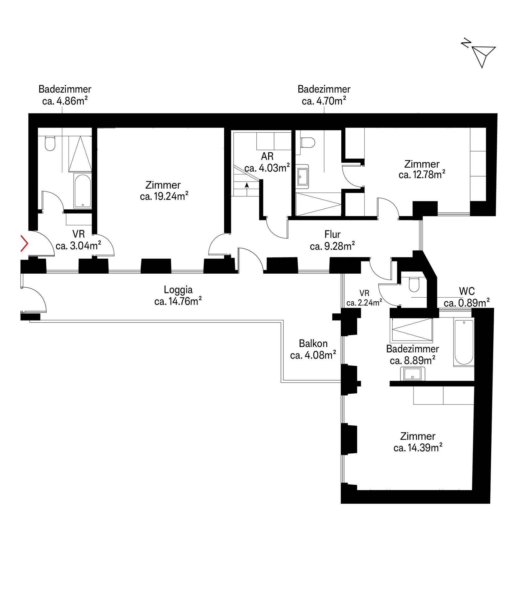 Grundriss des Obergeschosses mit mehreren Zimmern, Bädern, Loggia und Balkon.