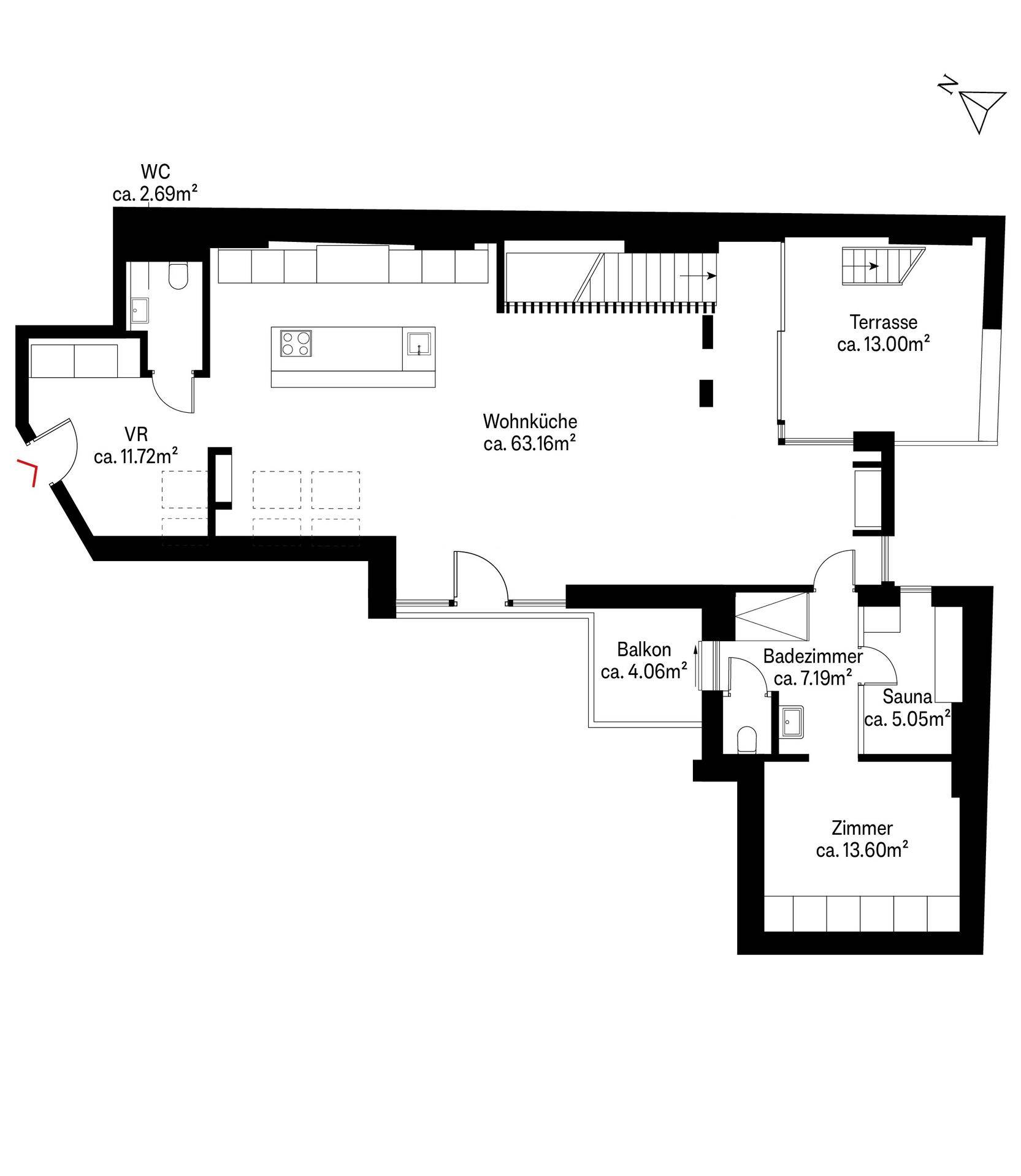 Grundriss des Hauptgeschosses mit offener Wohnküche, Terrasse, Balkon und Sauna.