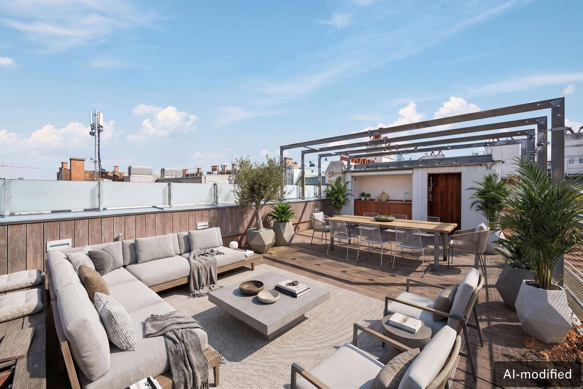 Geräumige Dachterrasse mit modernen Lounge-Möbeln, Essbereich und Pflanzen unter blauem Himmel.