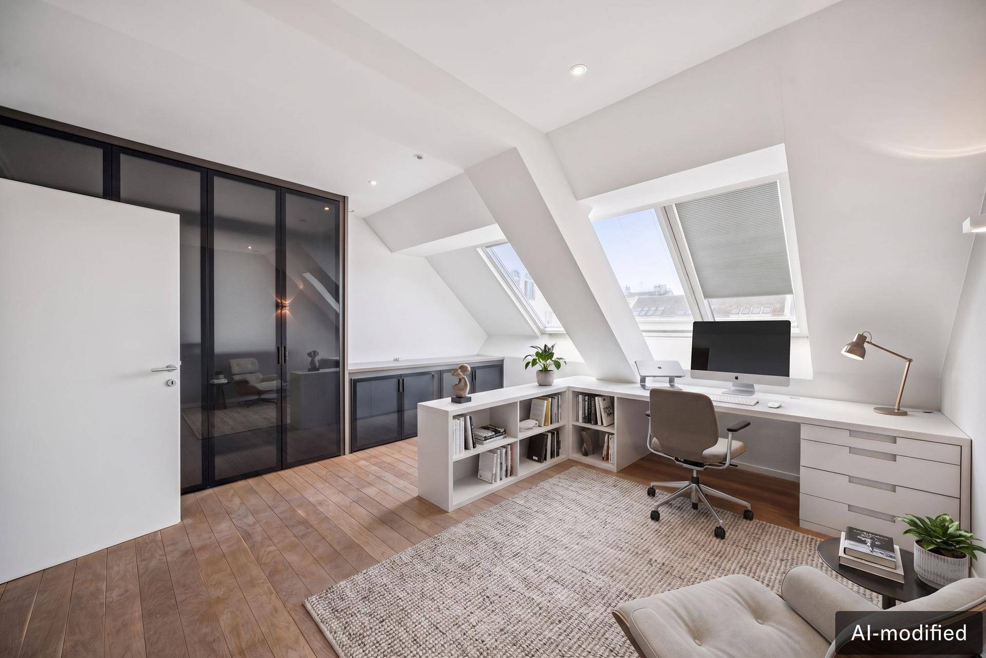Modernes Arbeitszimmer im Dachgeschoss mit Schreibtisch, Bücherregal und integrierten Schränken.