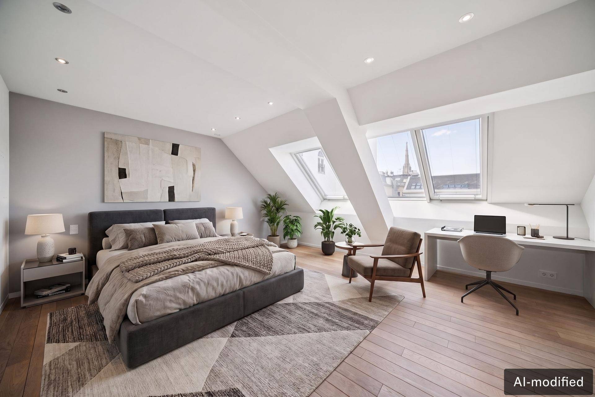 Helles Schlafzimmer im Dachgeschoss mit Holzboden, Schrägfenstern und Blick auf die Stadt.