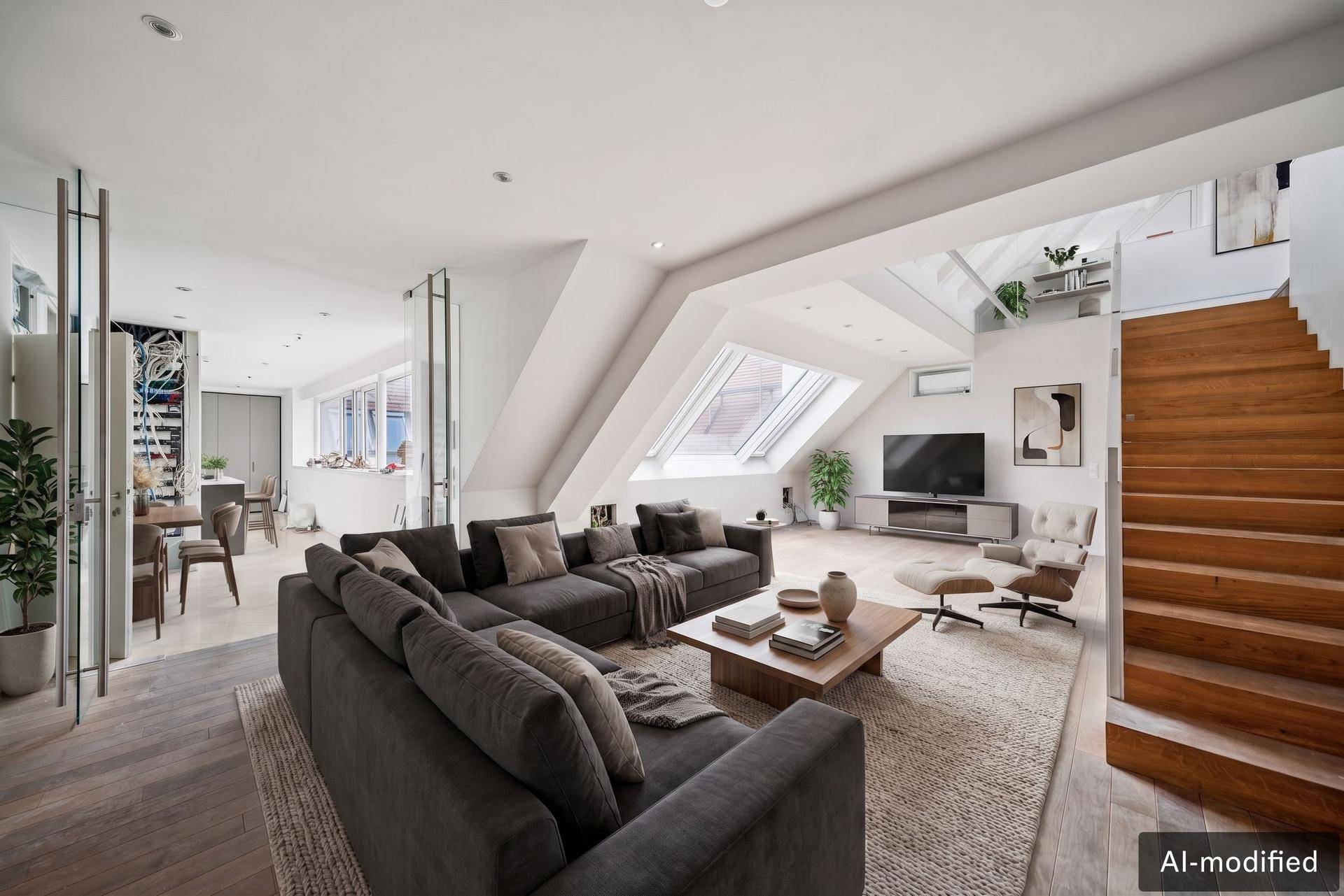 Moderner Wohnbereich mit großem Sofa, Holzboden und Treppe zu einer weiteren Ebene.