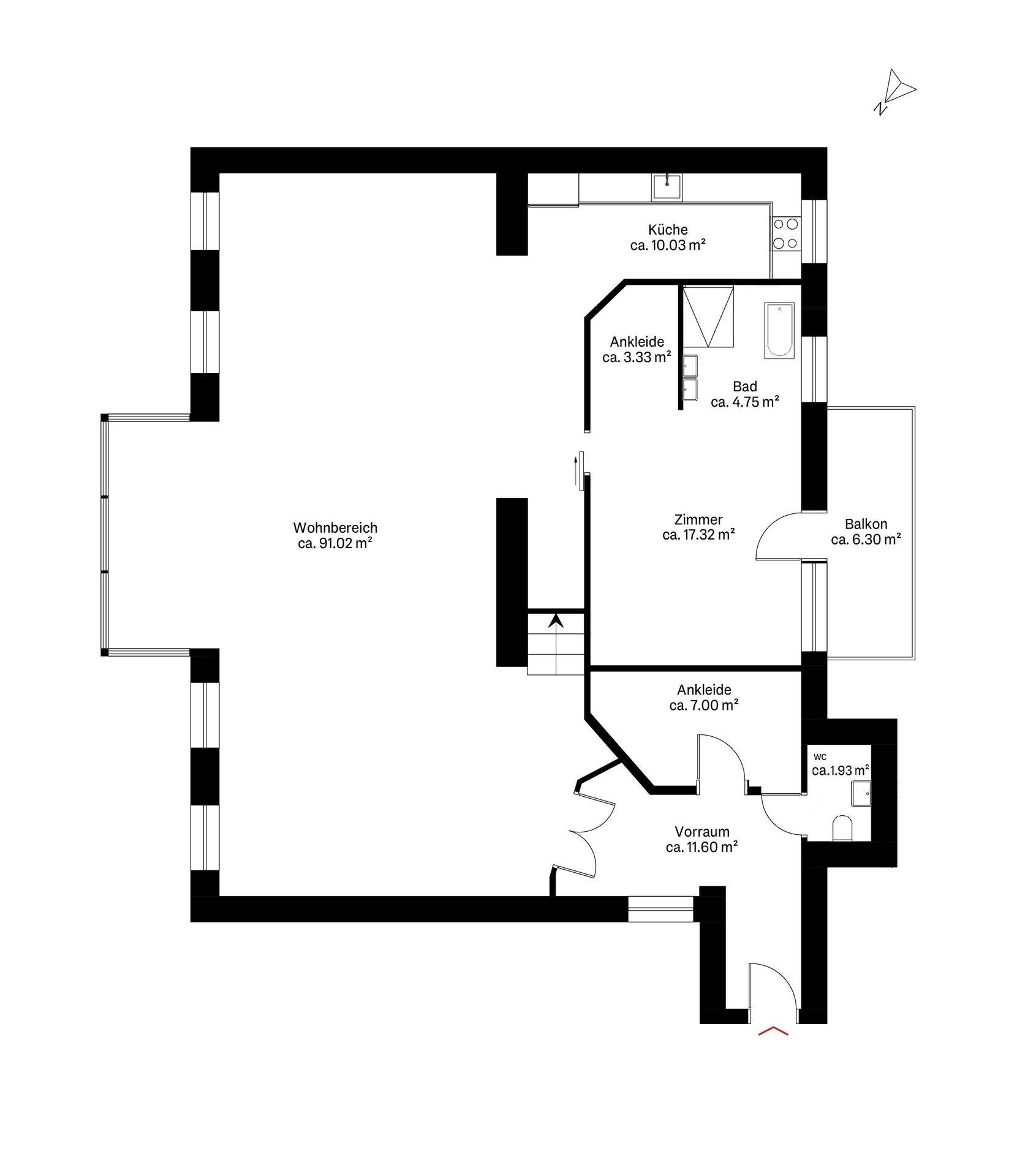Grundriss der unteren Ebene mit offenem Wohnbereich, Küche, Bad, Ankleide und Balkon.