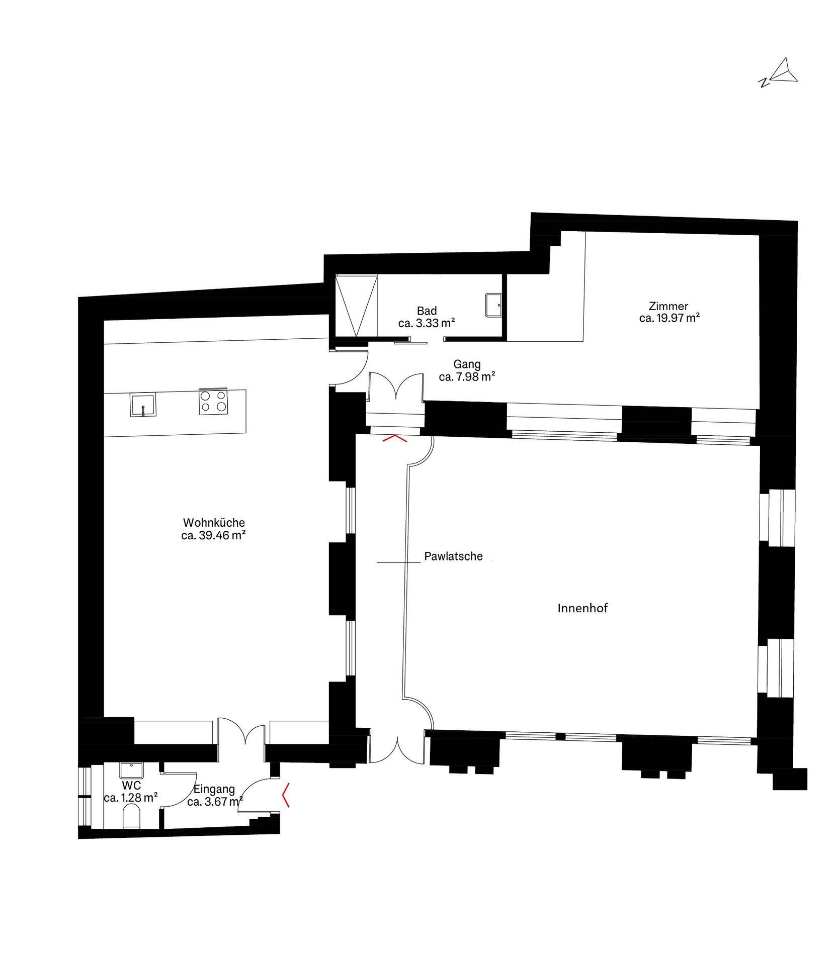 Grundriss der Wohnung mit Wohnküche, Bad, WC, Zimmer und Zugang zur Pawlatsche und Innenhof.