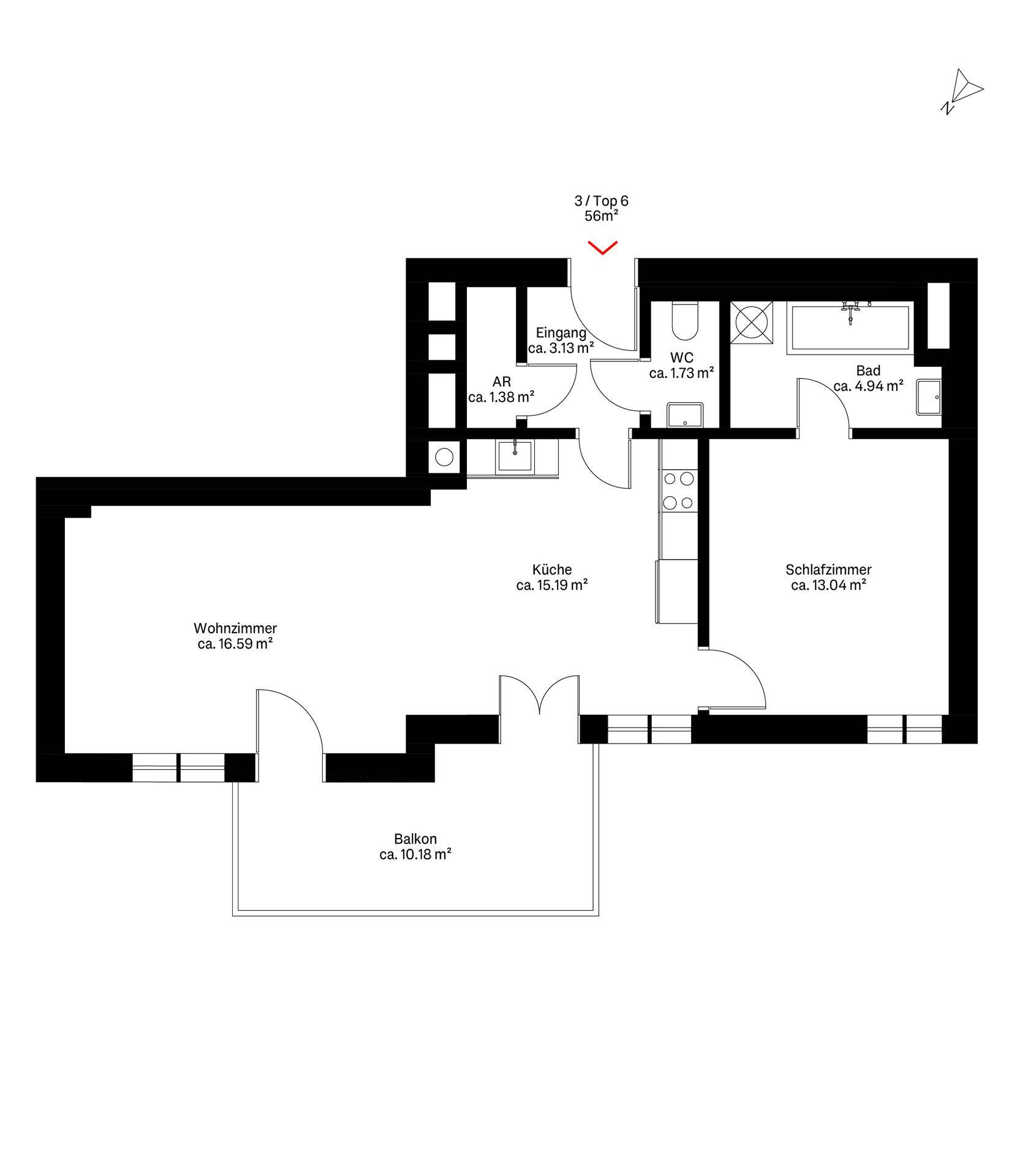 Grundriss der Wohnung mit Wohnzimmer, Küche, Schlafzimmer, Bad und Balkon.