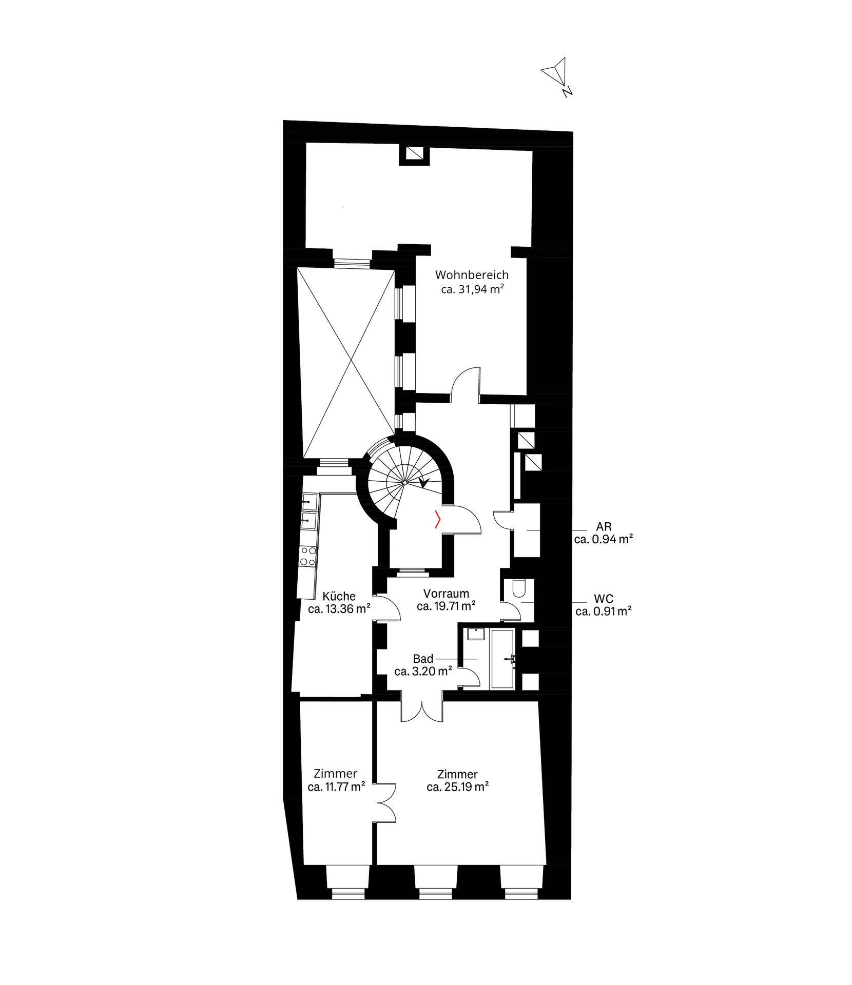 Grundrissplan mit Wohnbereich, Küche, Bad und mehreren Zimmern, inklusive Flächenangaben.