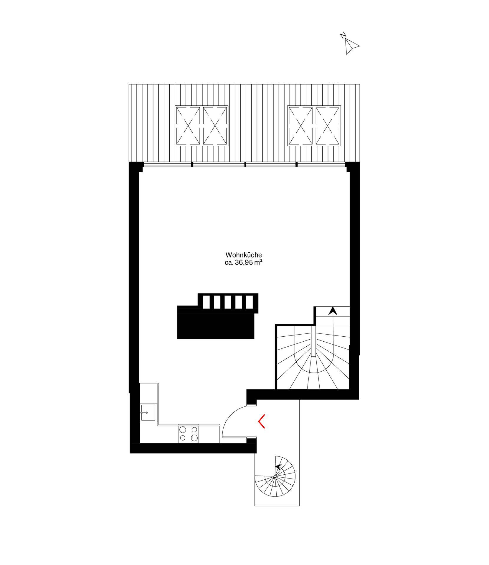 Grundriss der Wohnetage mit offener Wohnküche und Zugang zur Wendeltreppe.