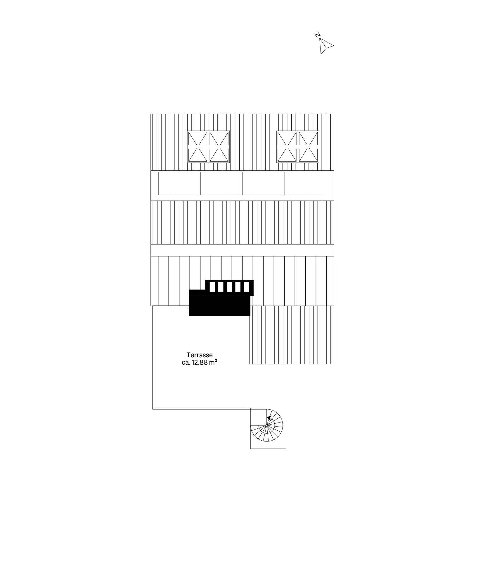 Grundriss der Dachterrasse mit Zugang über eine Wendeltreppe.
