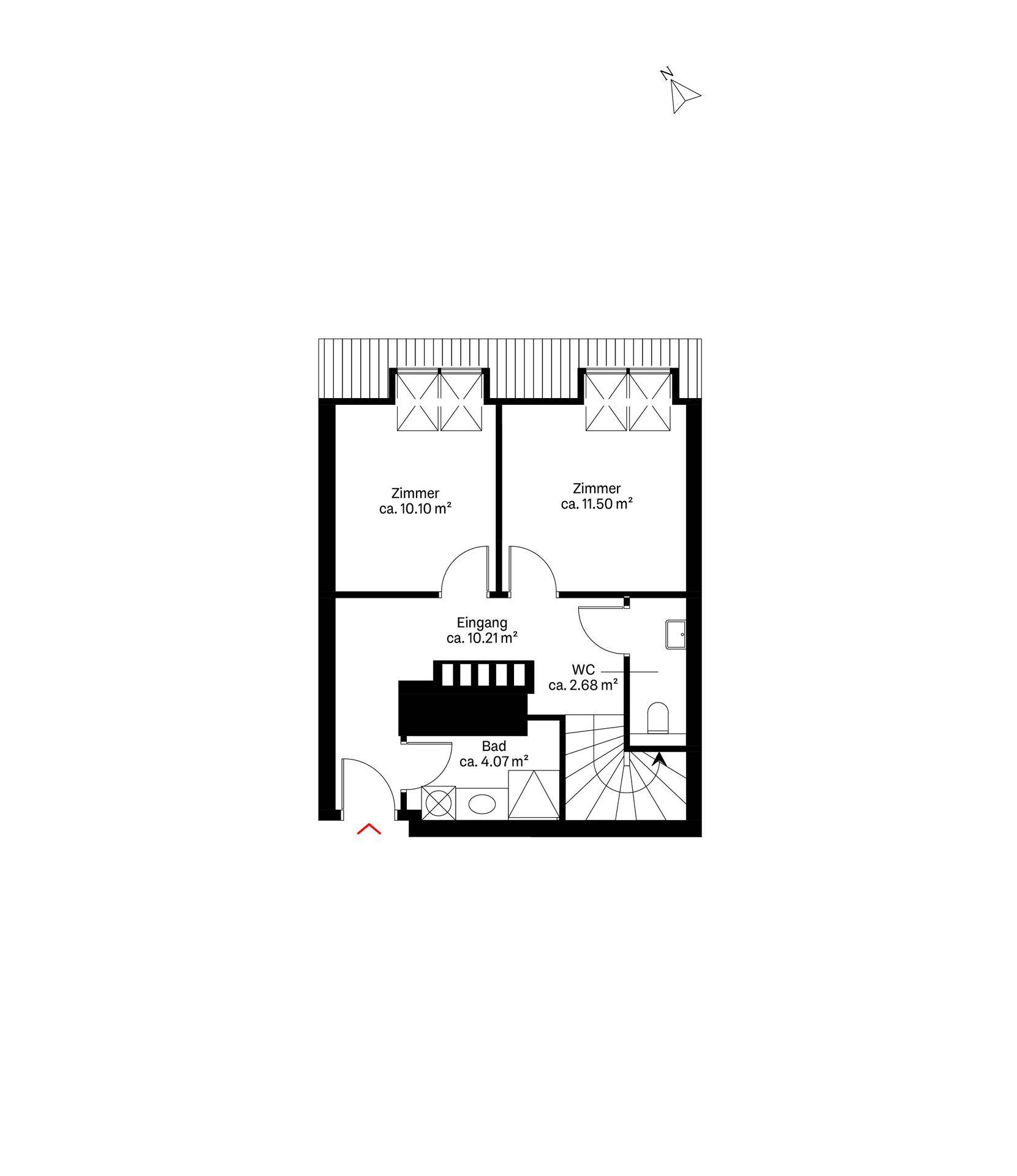 Grundriss des Obergeschosses mit zwei Zimmern, Bad, WC und Eingangsbereich.