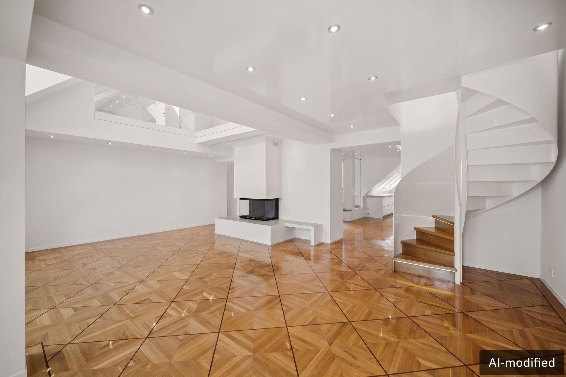 Geräumiges Wohnzimmer mit elegantem Parkettboden, modernem Kamin und einer Wendeltreppe.