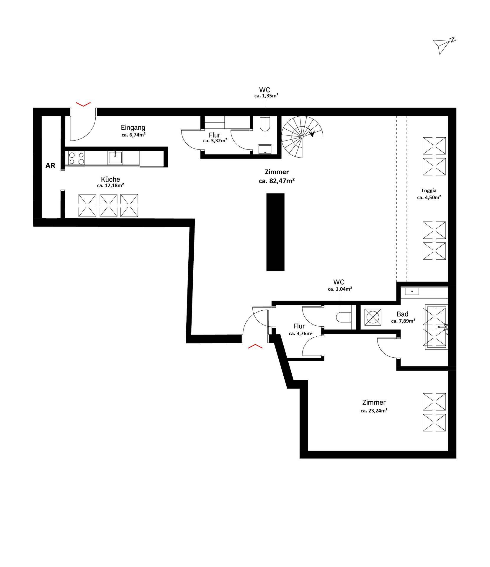 Grundriss der unteren Ebene mit Eingang, Küche, Wohnzimmer, Bad, WC und Loggia.