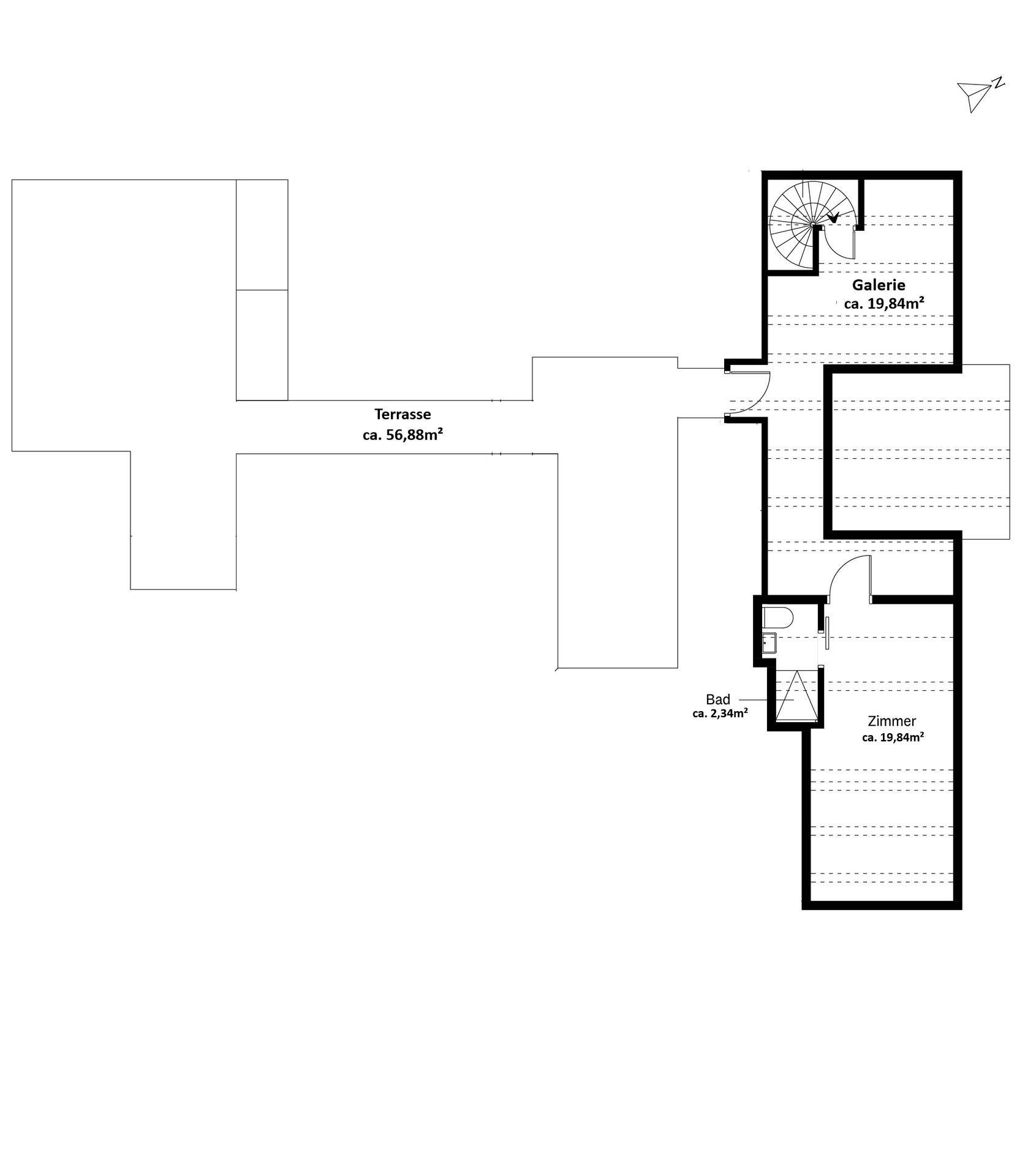 Grundriss der oberen Ebene mit Galerie, großer Terrasse, Bad und einem weiteren Zimmer.